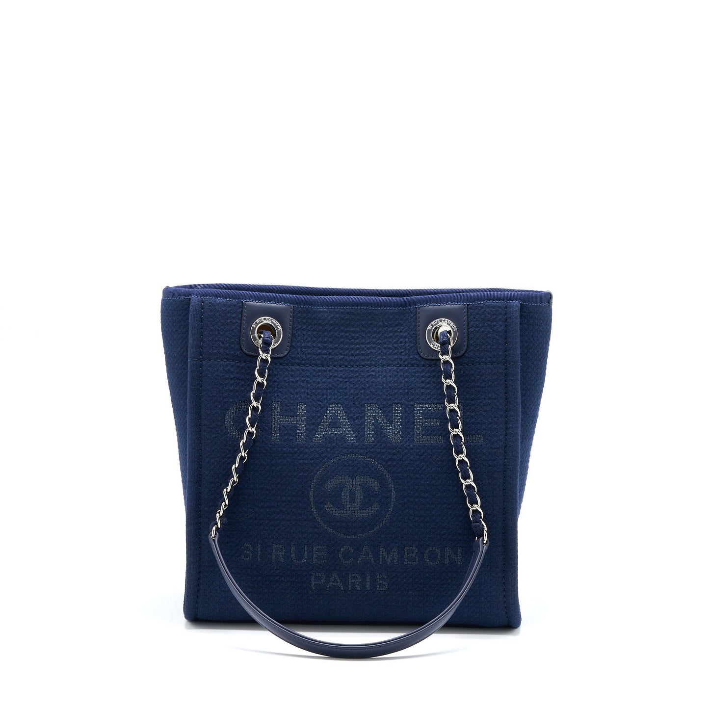 Chanel PM Deauville Tote Bag Canvas Navy SHW (Microchip)