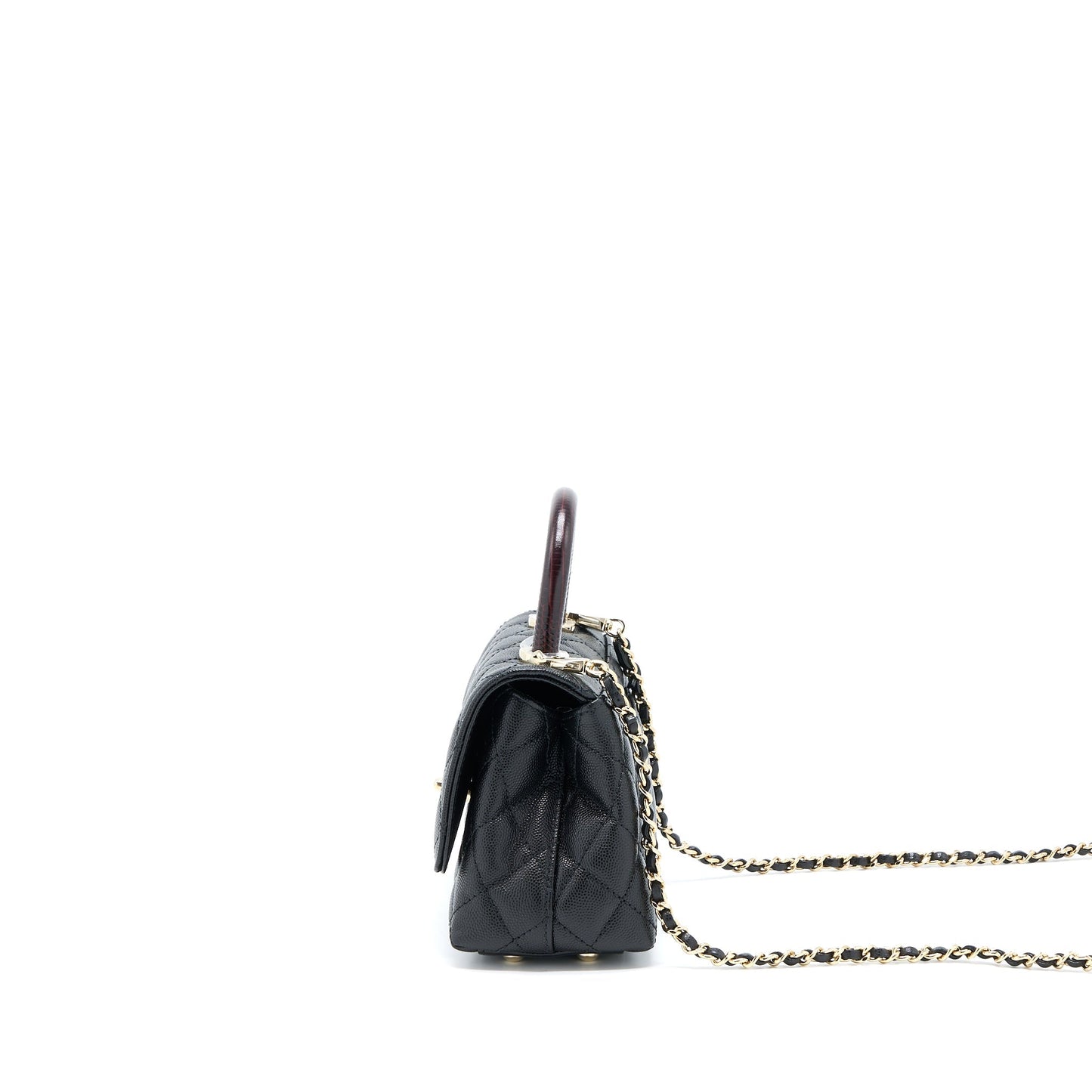 Chanel Mini Coco Handle Bag With Dark Red Handle Caviar Black LGHW(Microchip)