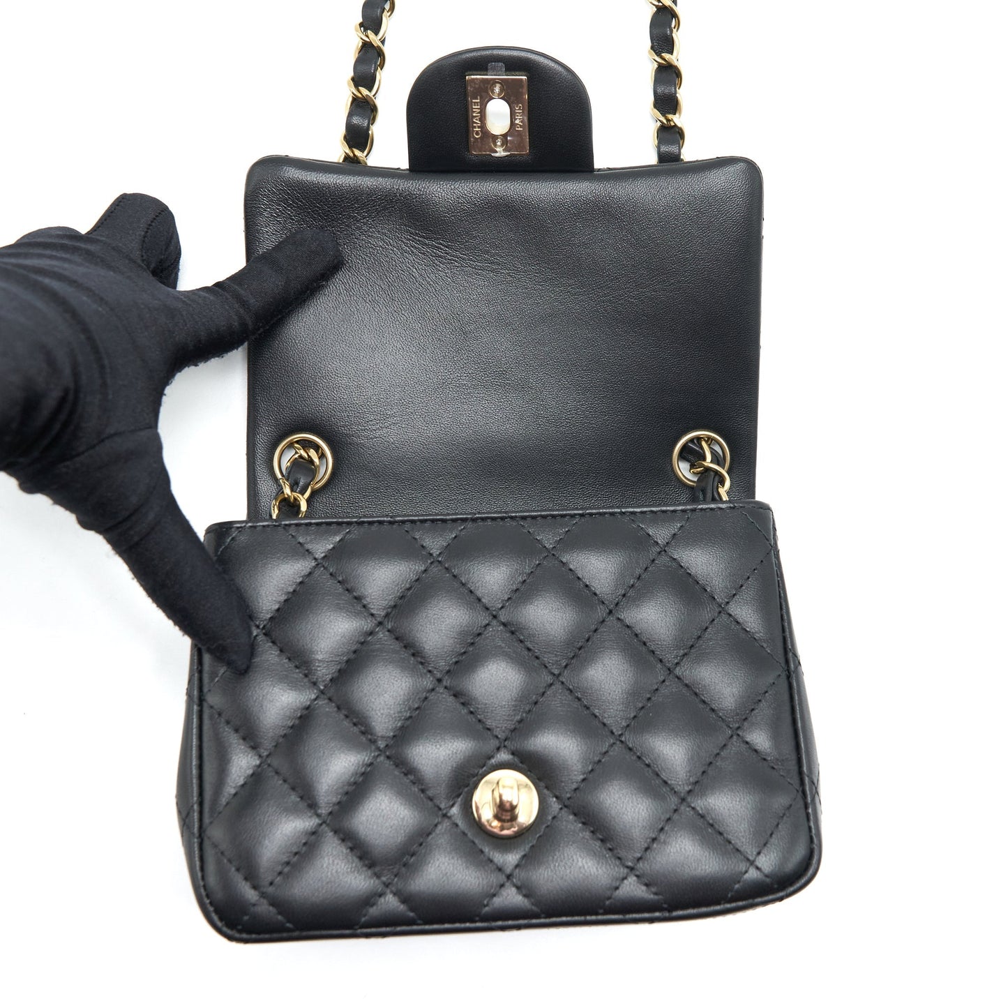 Chanel Mini Square Flap Bag Lambskin Black LGHW (Microchip)