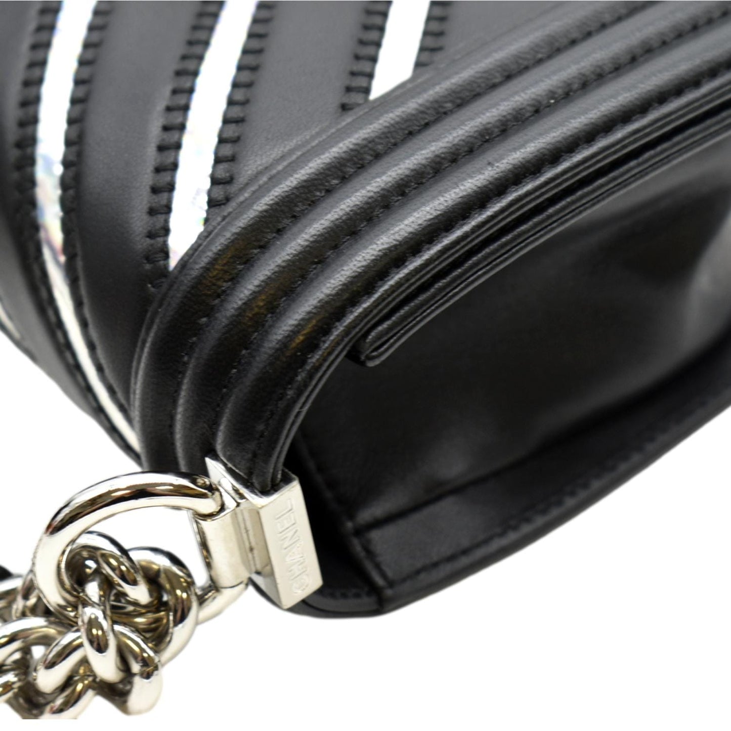 CHANEL Boy Chevron Leather Holographic PVC Crossbody Bag Black