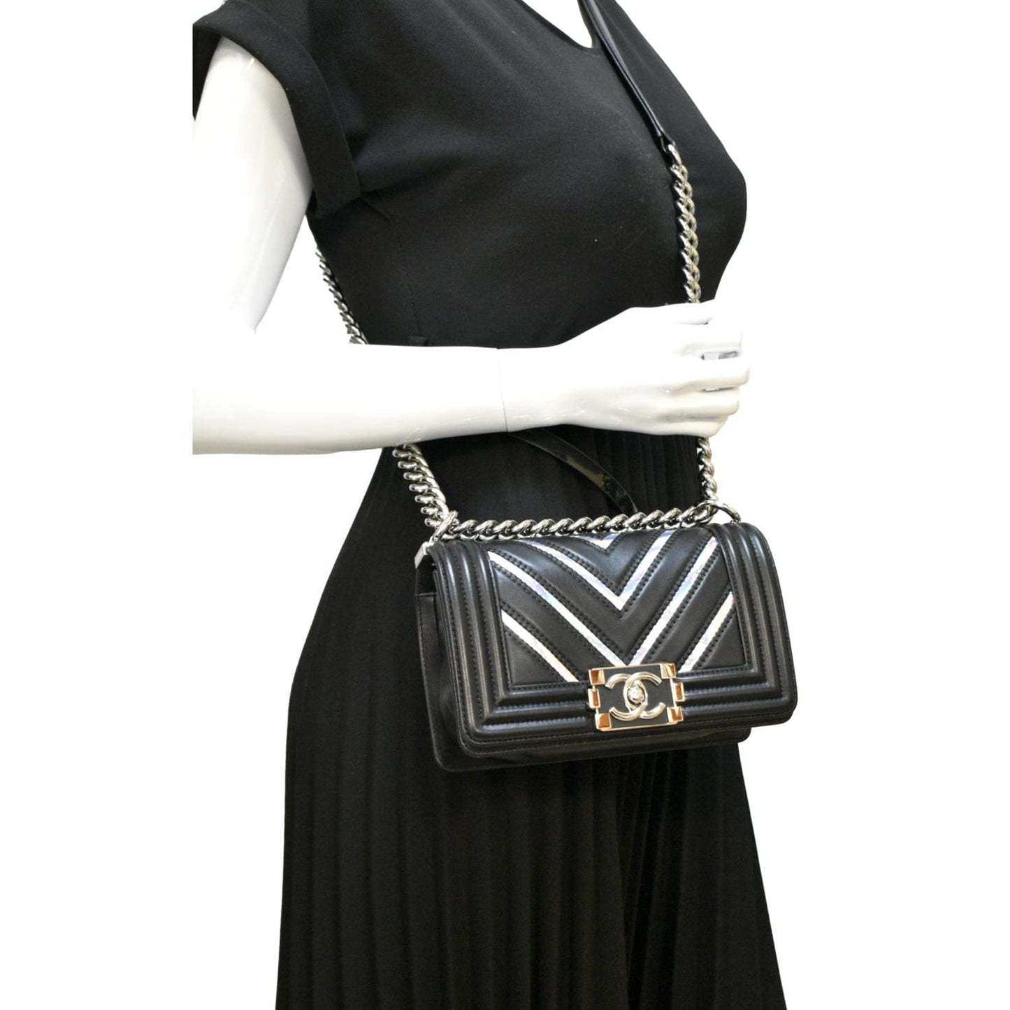CHANEL Boy Chevron Leather Holographic PVC Crossbody Bag Black