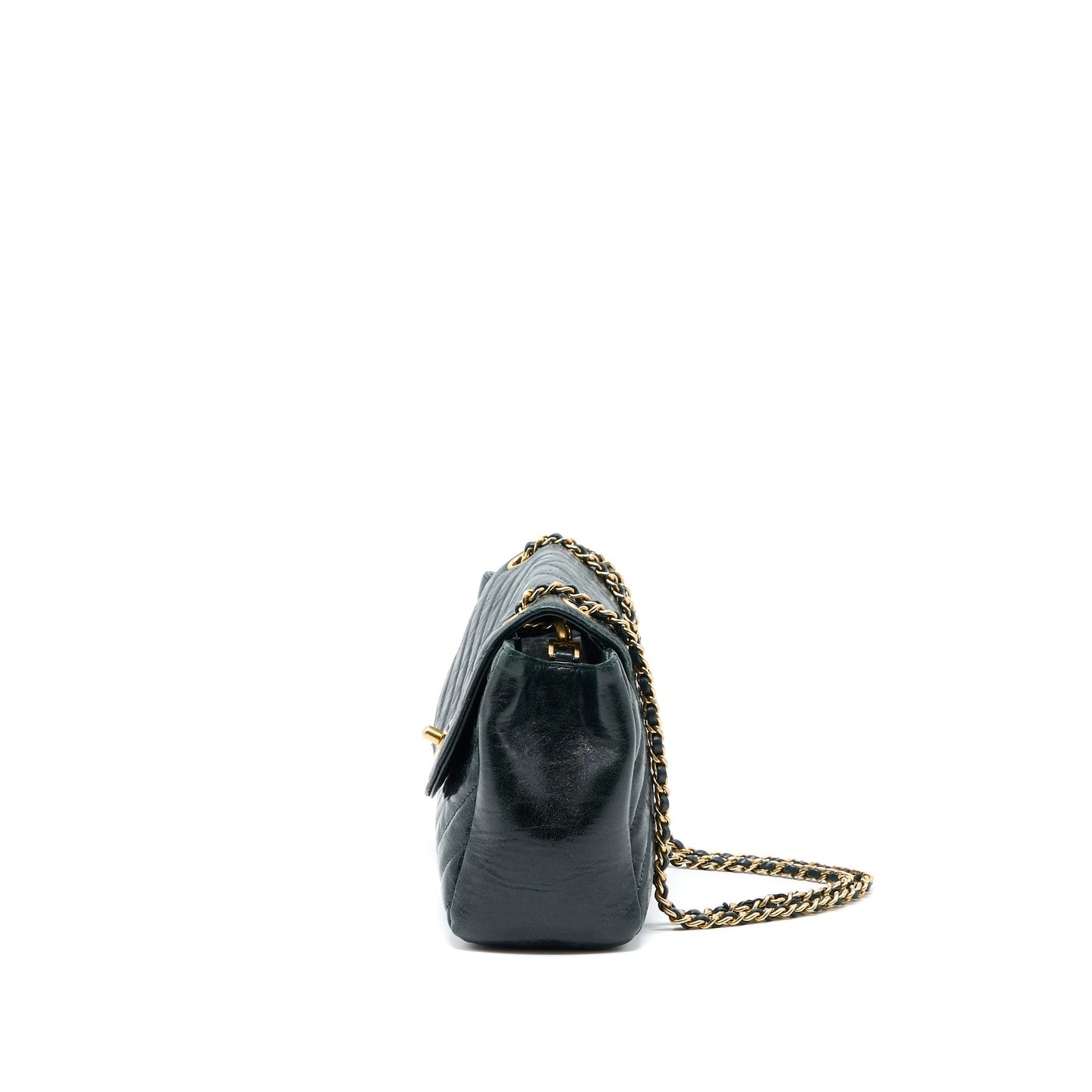 Chanel Chevron Hampton Flap Bag Aged Calfskin Dark Green GHW