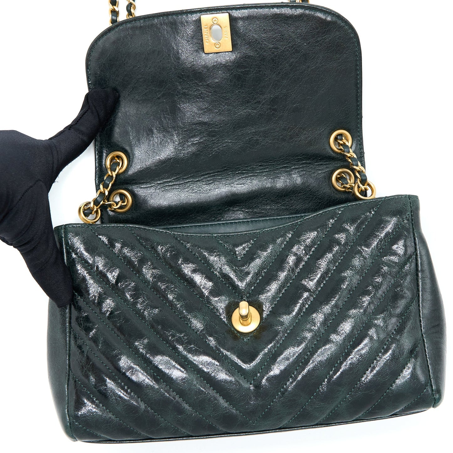 Chanel Chevron Hampton Flap Bag Aged Calfskin Dark Green GHW