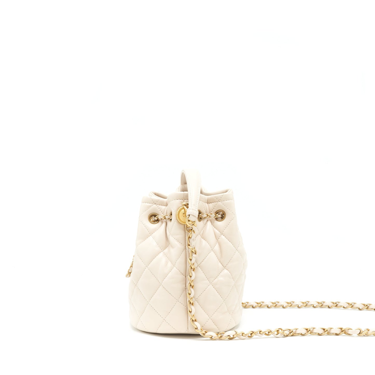 Chanel Button Bucket Crossbody Bag Lambskin White GHW