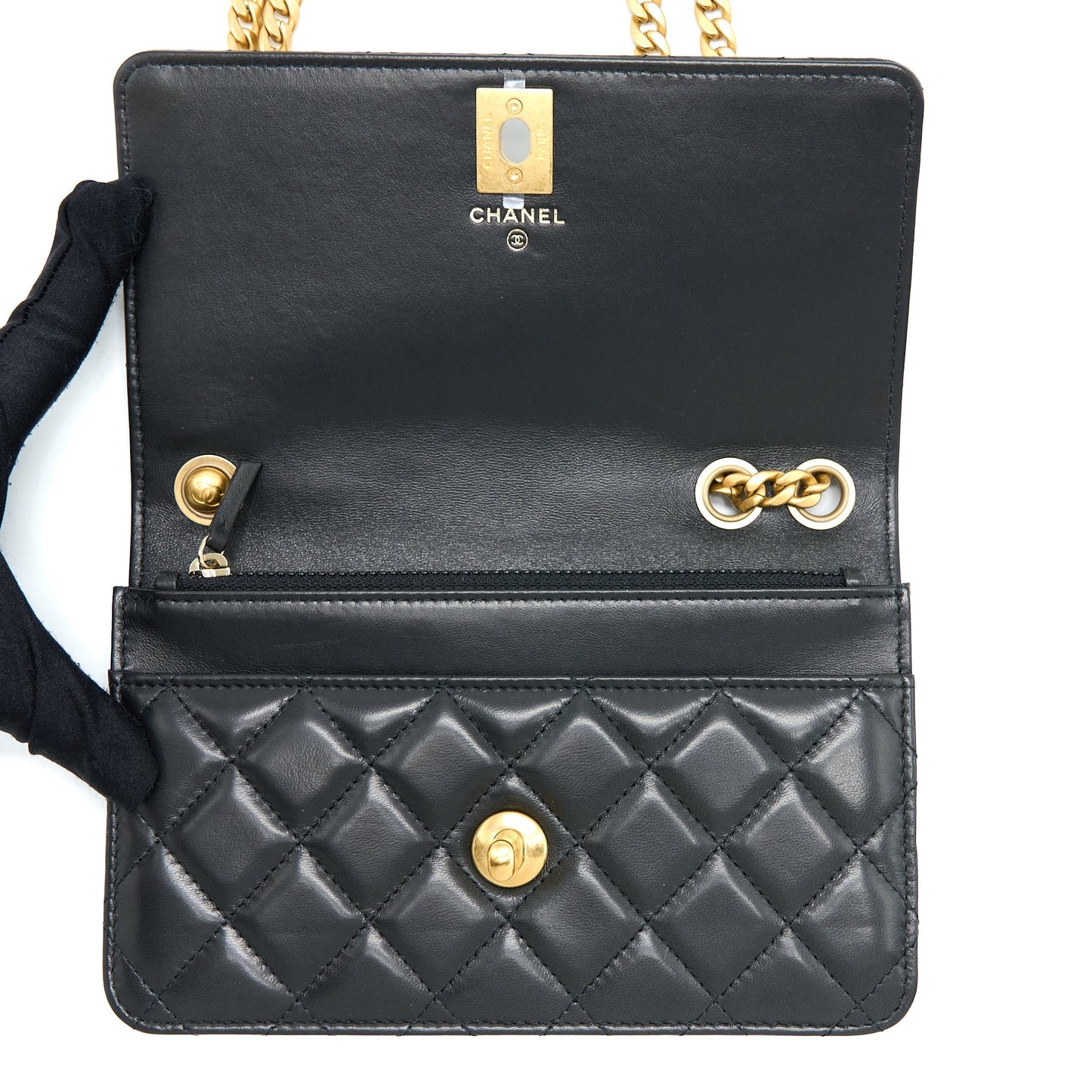 Chanel 22K Gold Pillar Wallet On Chain Lambskin Black Brushed GHW(Microchip)