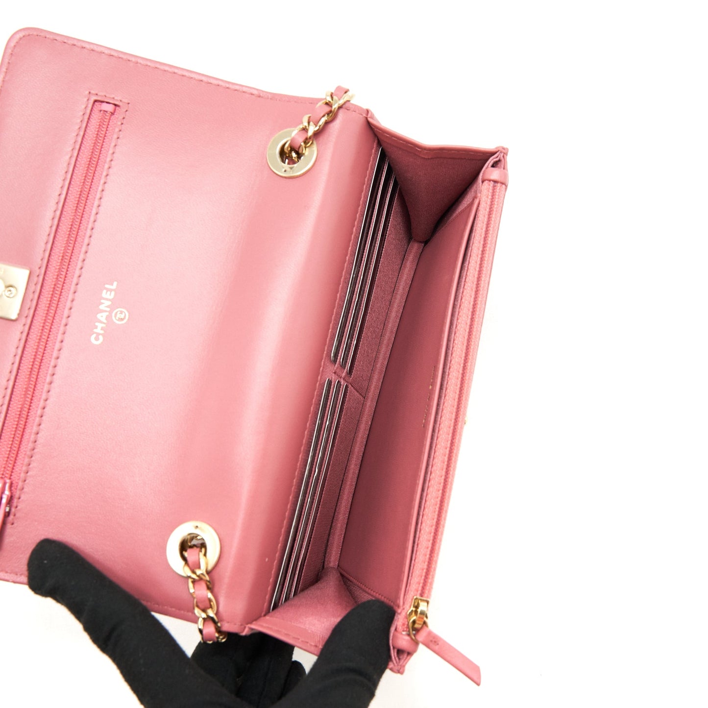 Chanel Chevron trendy CC Wallet on Chain Lambskin pink LGHW