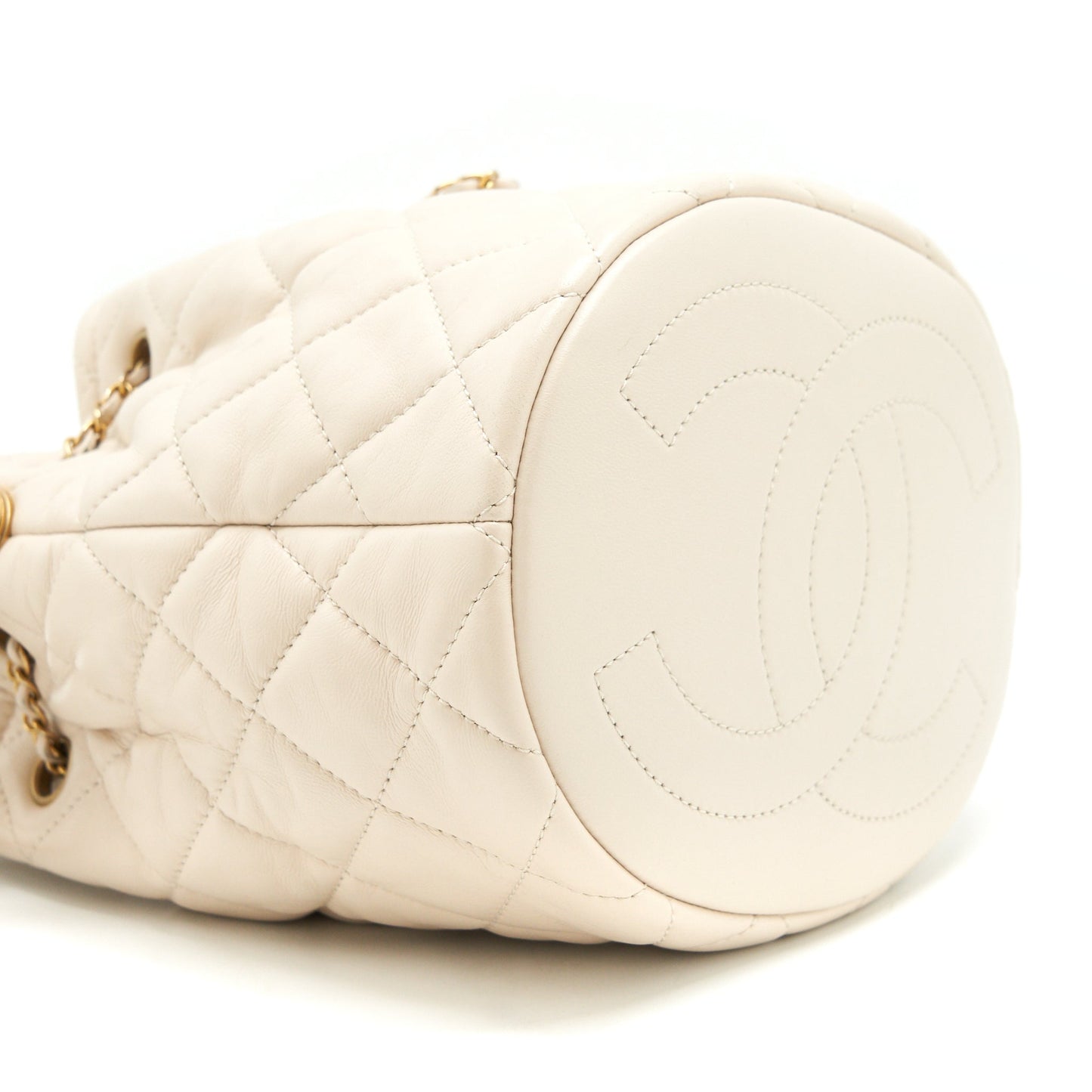 Chanel Button Bucket Crossbody Bag Lambskin White GHW