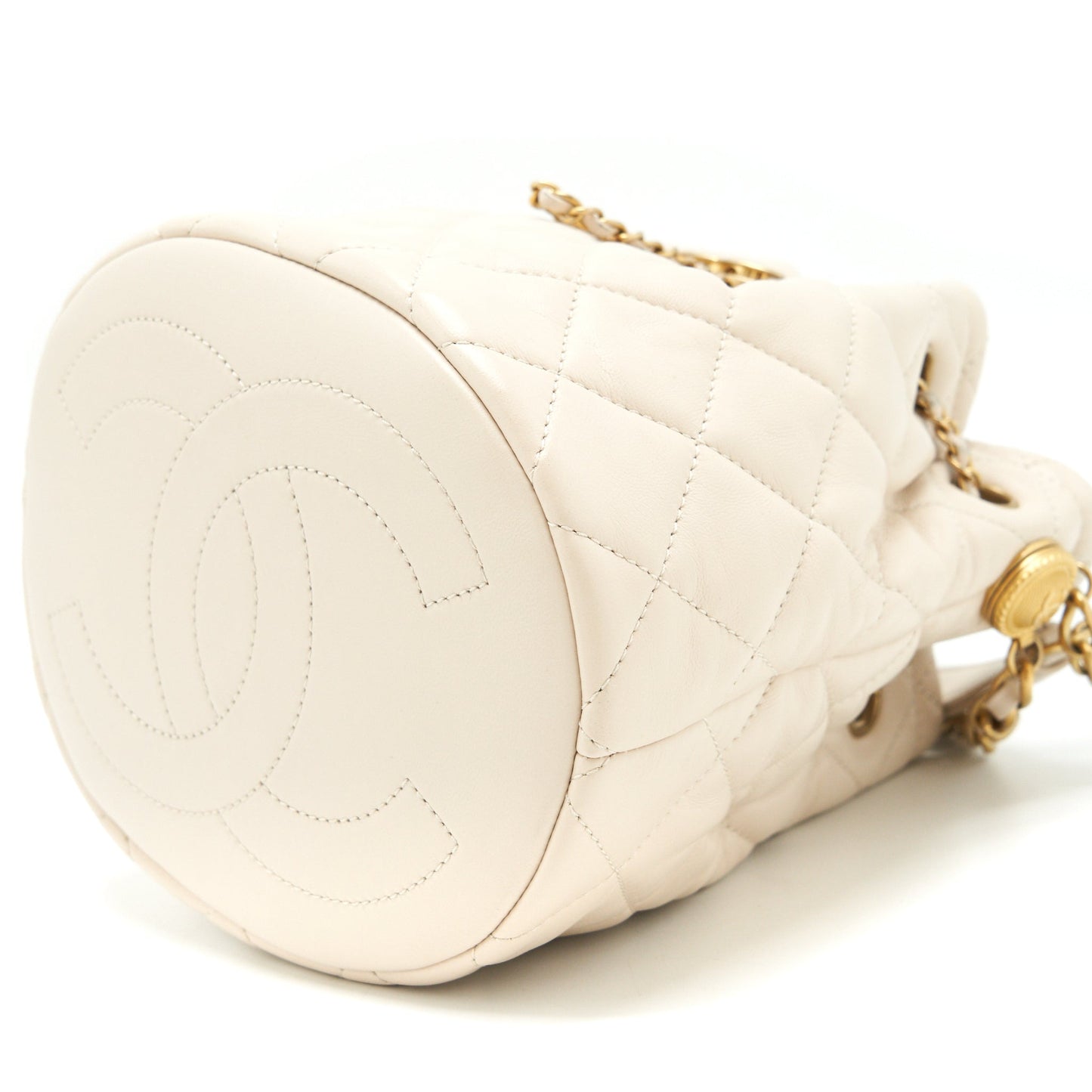 Chanel Button Bucket Crossbody Bag Lambskin White GHW