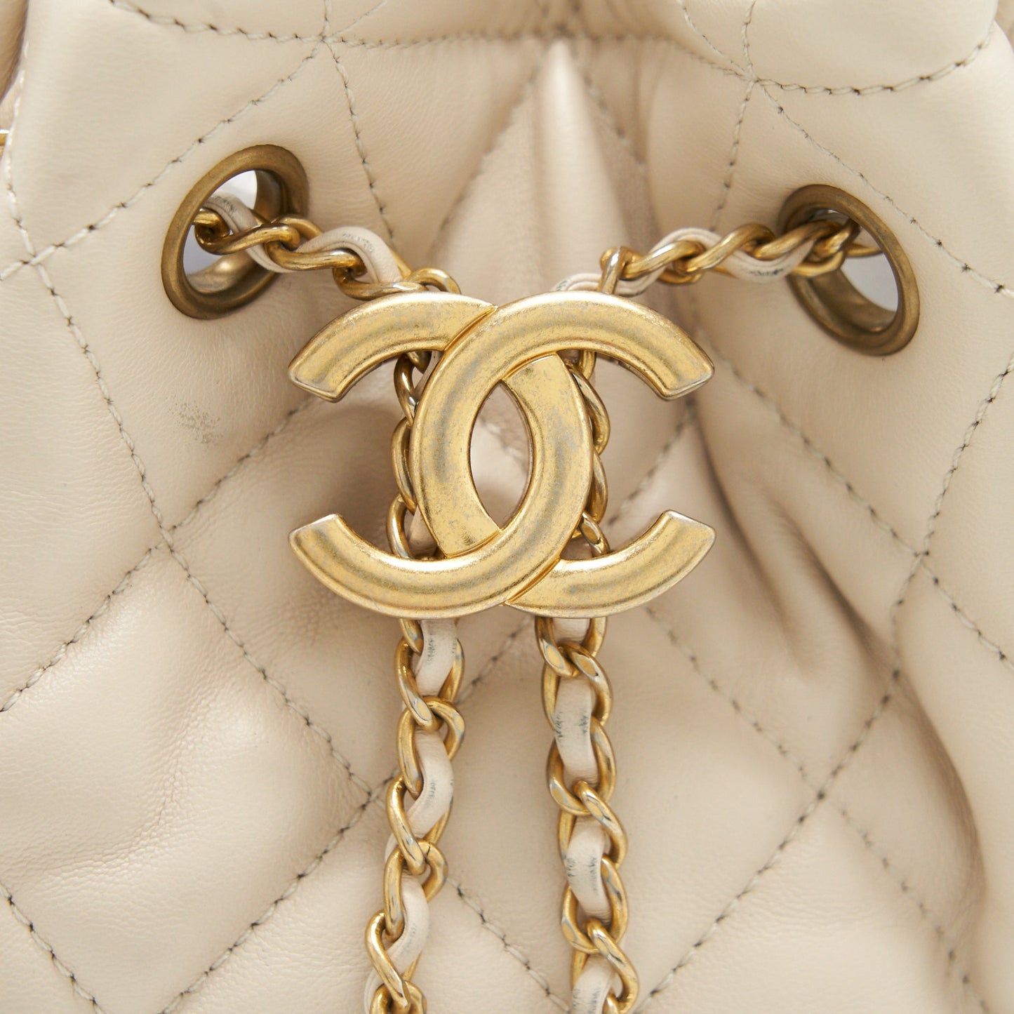 Chanel Button Bucket Crossbody Bag Lambskin White GHW