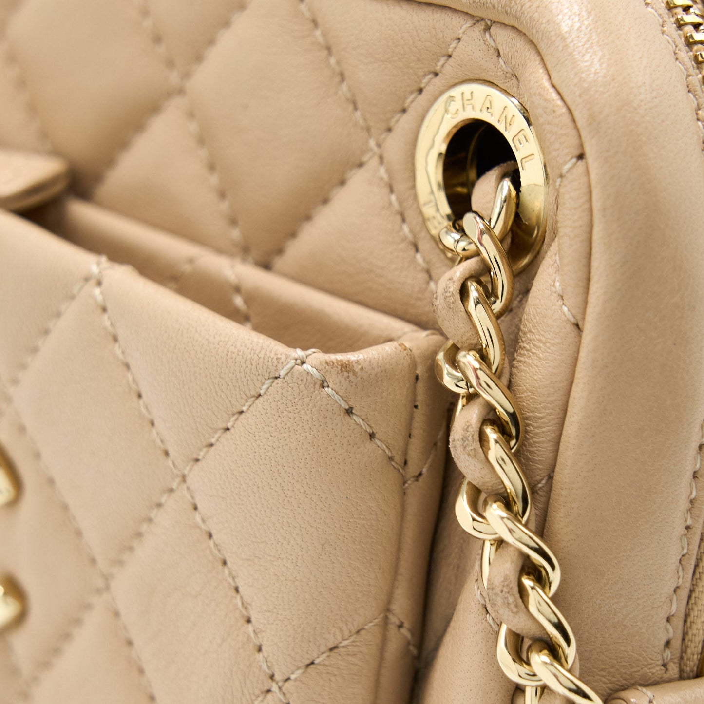 Chanel Small Vertical Camera Bag With Chain Lambskin Beige LGHW