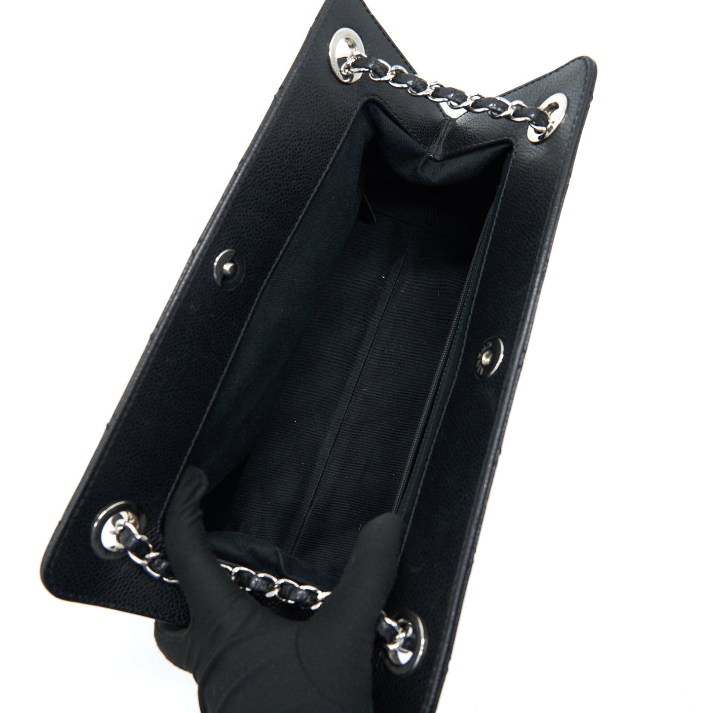 CHANEL QUILTED LEATHER TOTE BAG WITH CHAIN IN CARVIAR BLACK SHW
