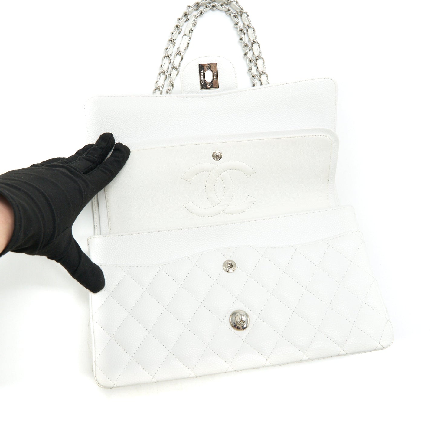 CHANEL MEDIUM CLASSIC DOUBLE FLAP BAG CAVIAR WHITE SHW