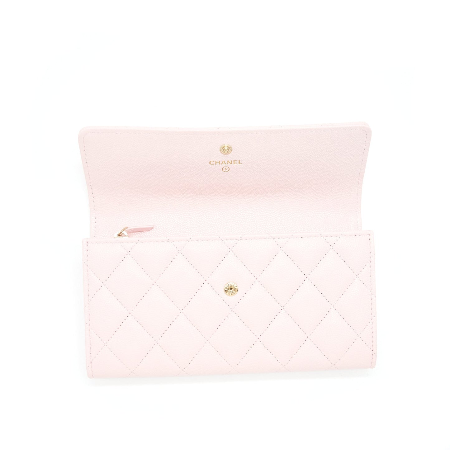 Chanel 22S detailed logo flap long wallet caviar light pink with LGHW