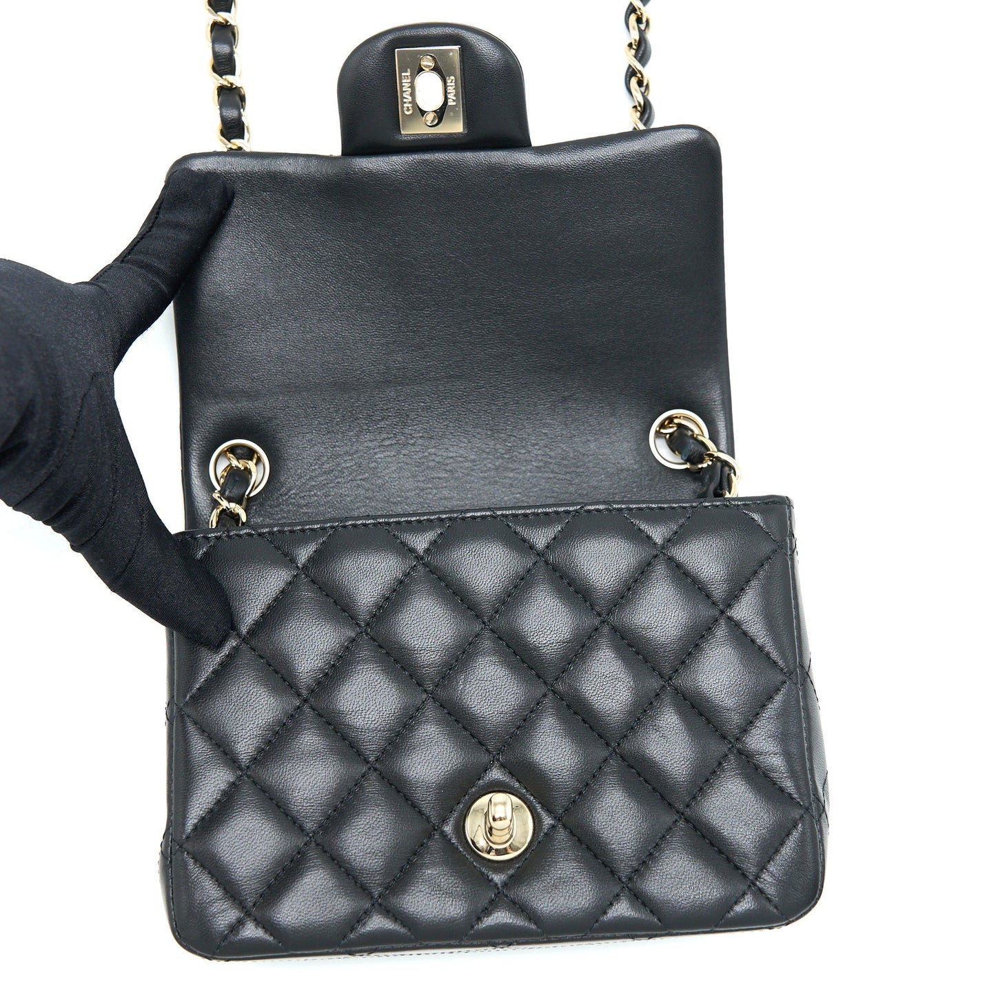 Chanel Classic Mini Square Flap Bag Lambskin Black LGHW (Microchip)