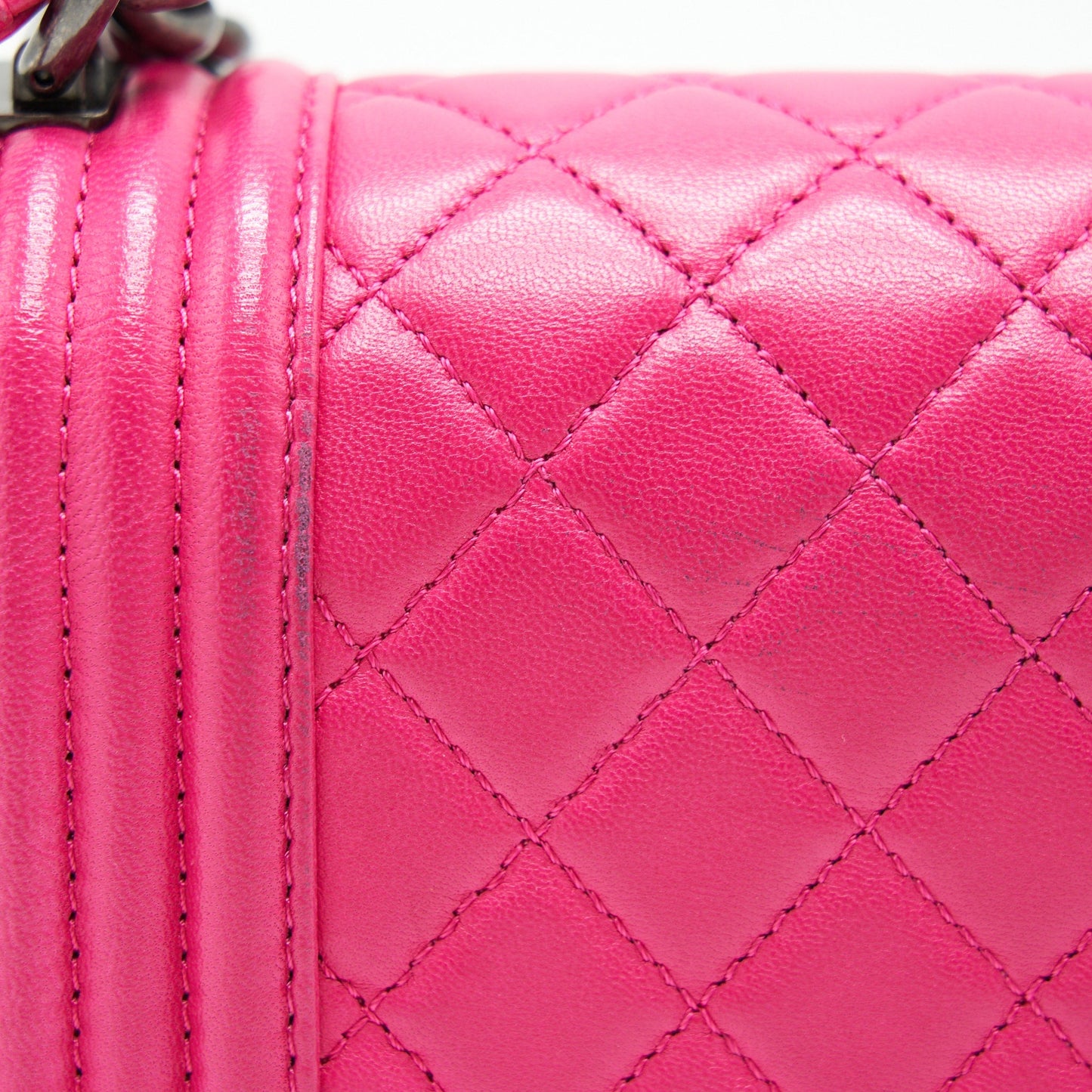 CHANEL SMALL BOY BAG LAMBSKIN RUTHENIUM HARDWARE HOT PINK