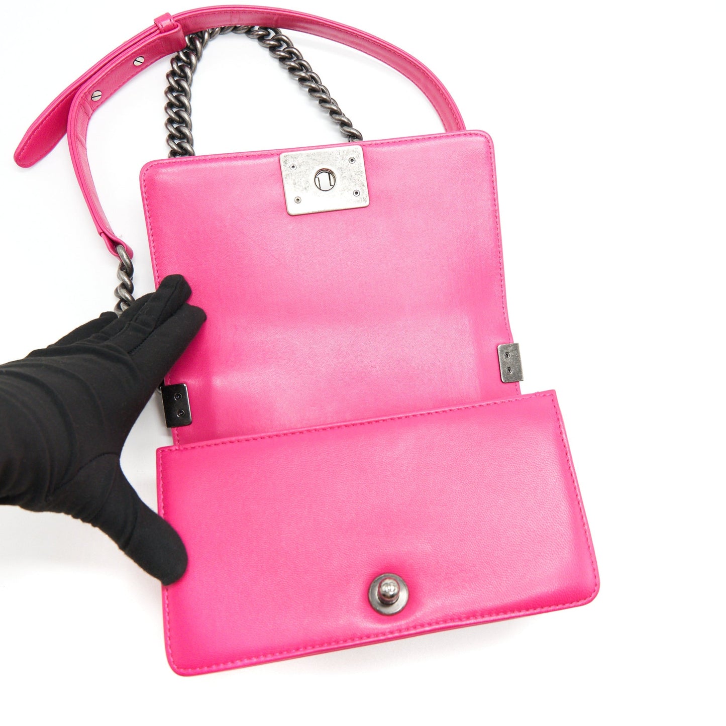 CHANEL SMALL BOY BAG LAMBSKIN RUTHENIUM HARDWARE HOT PINK