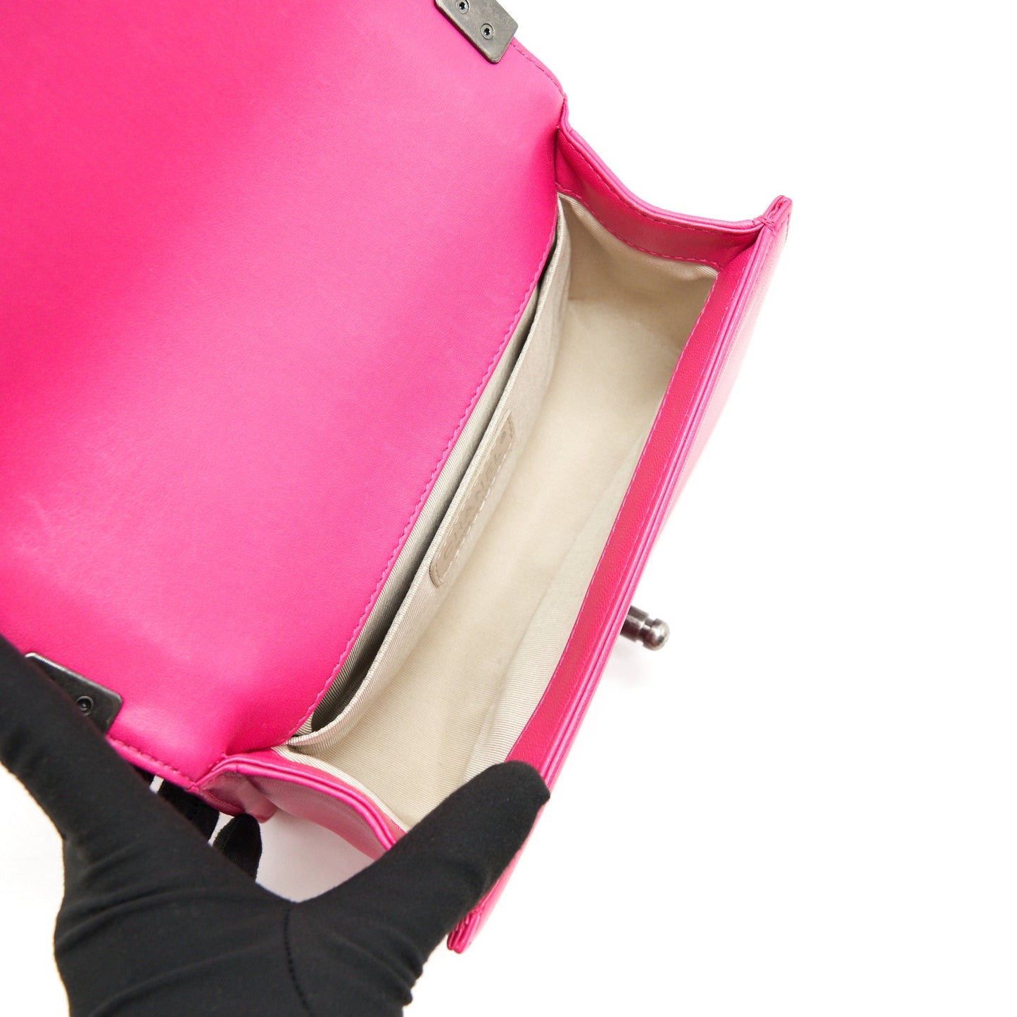 CHANEL SMALL BOY BAG LAMBSKIN RUTHENIUM HARDWARE HOT PINK