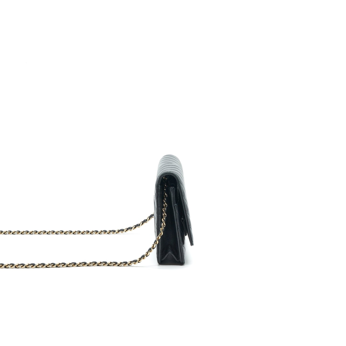 CHANEL CHEVRON WALLET ON CHAIN LAMBSKIN BLACK WITH GHW