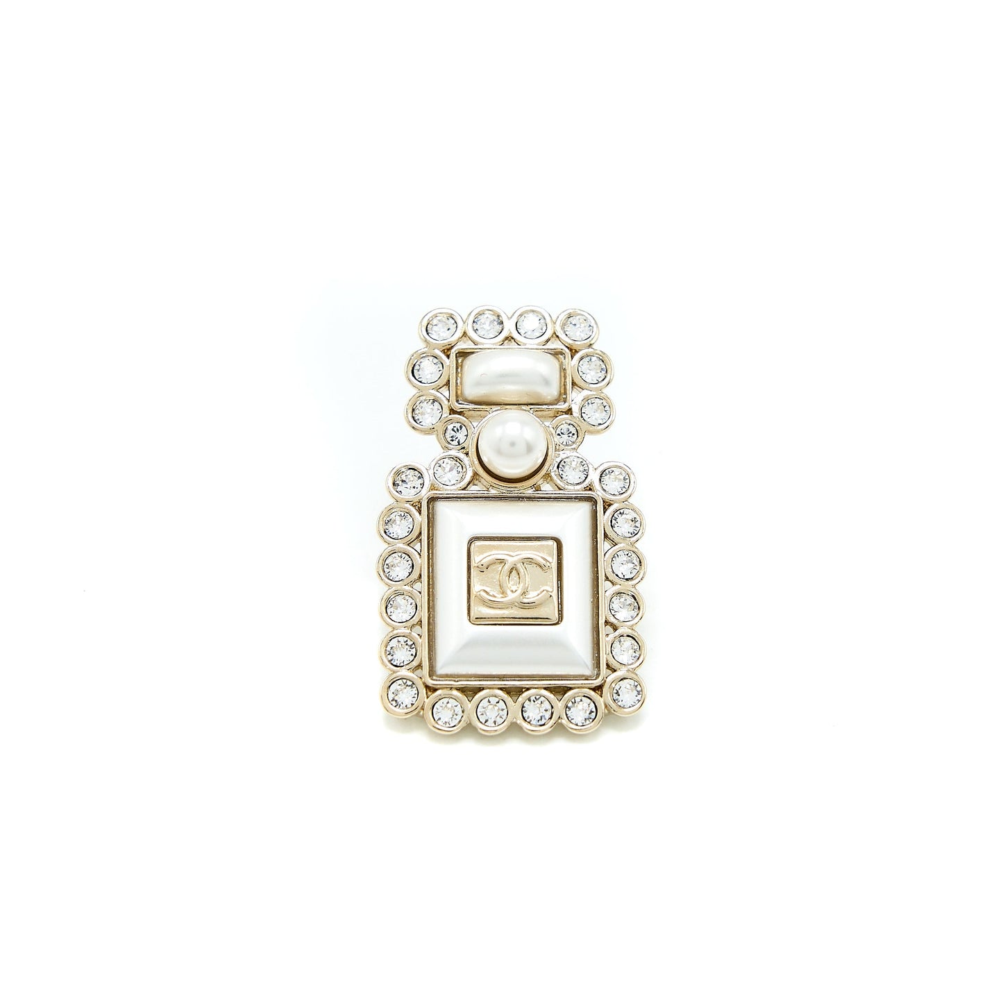 Chanel Logo Bottle Brooch With Crystals Light Gold Tone