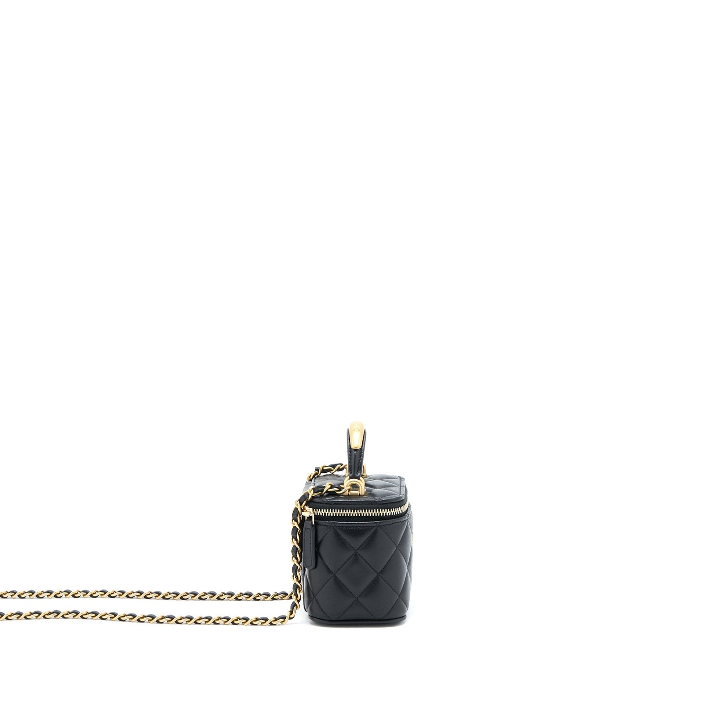Chanel 22B Detailed Top Handle Mini Vanity With Chain Lambskin Black Brushed GHW
