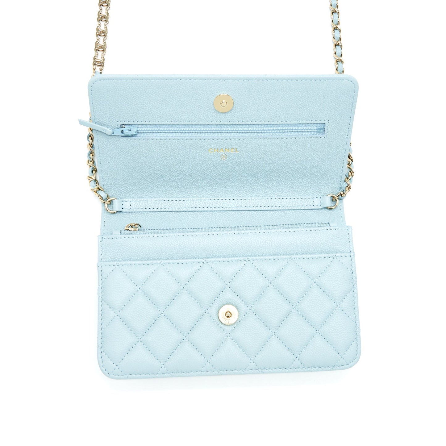 Chanel 22P Wallet On Chain With CC Logo Chain Caviar Light Blue LGHW