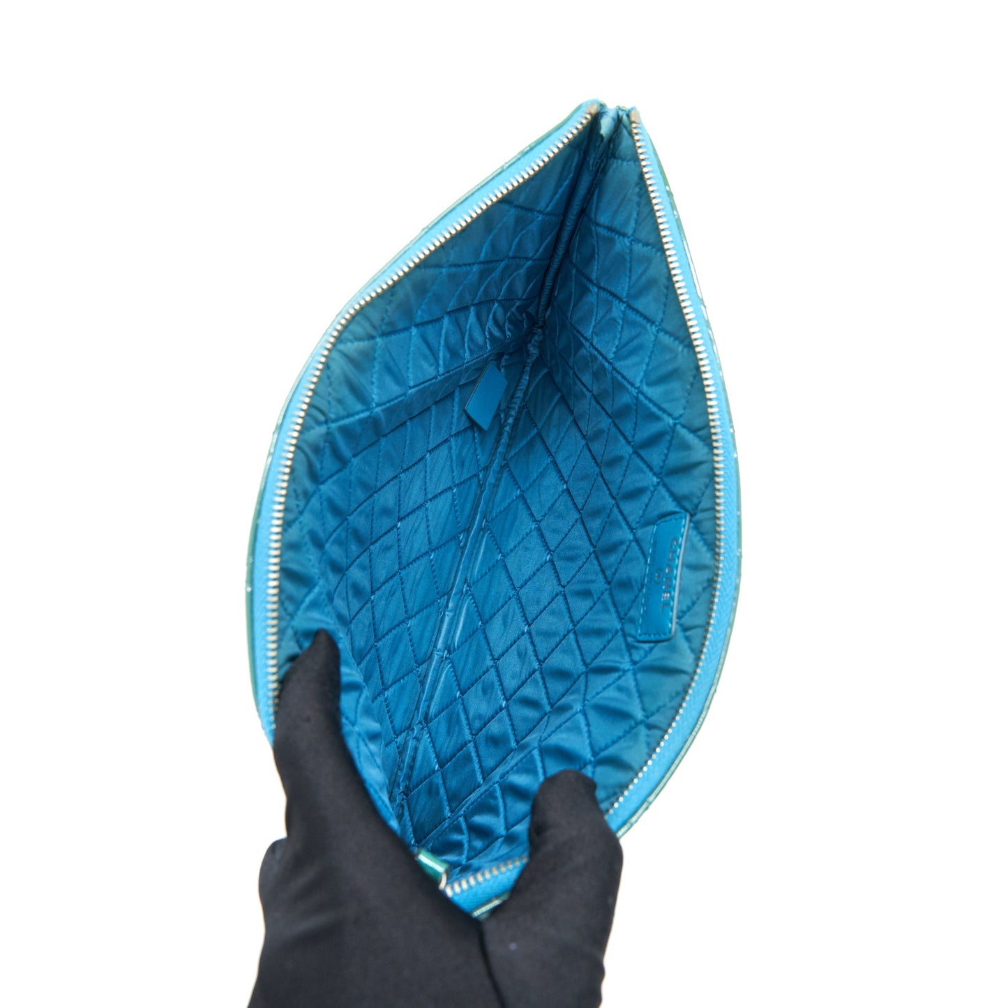 CHANEL QUILTED LEATHER CLUTCH BAG IN PATENT BLUE