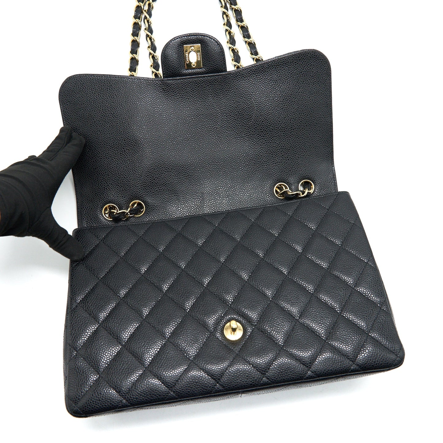 CHANEL CLASSIC JUMBO SINGLE FLAP BAG BLACK CAVIER GHW