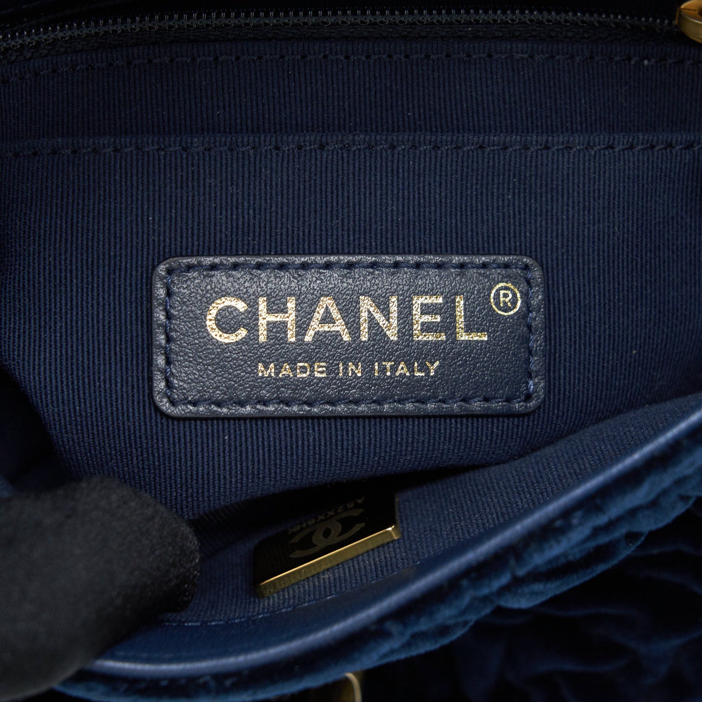 Chanel Velvet Camellia Embossed Mini Square Flap Bag Navy GHW (Microchip)