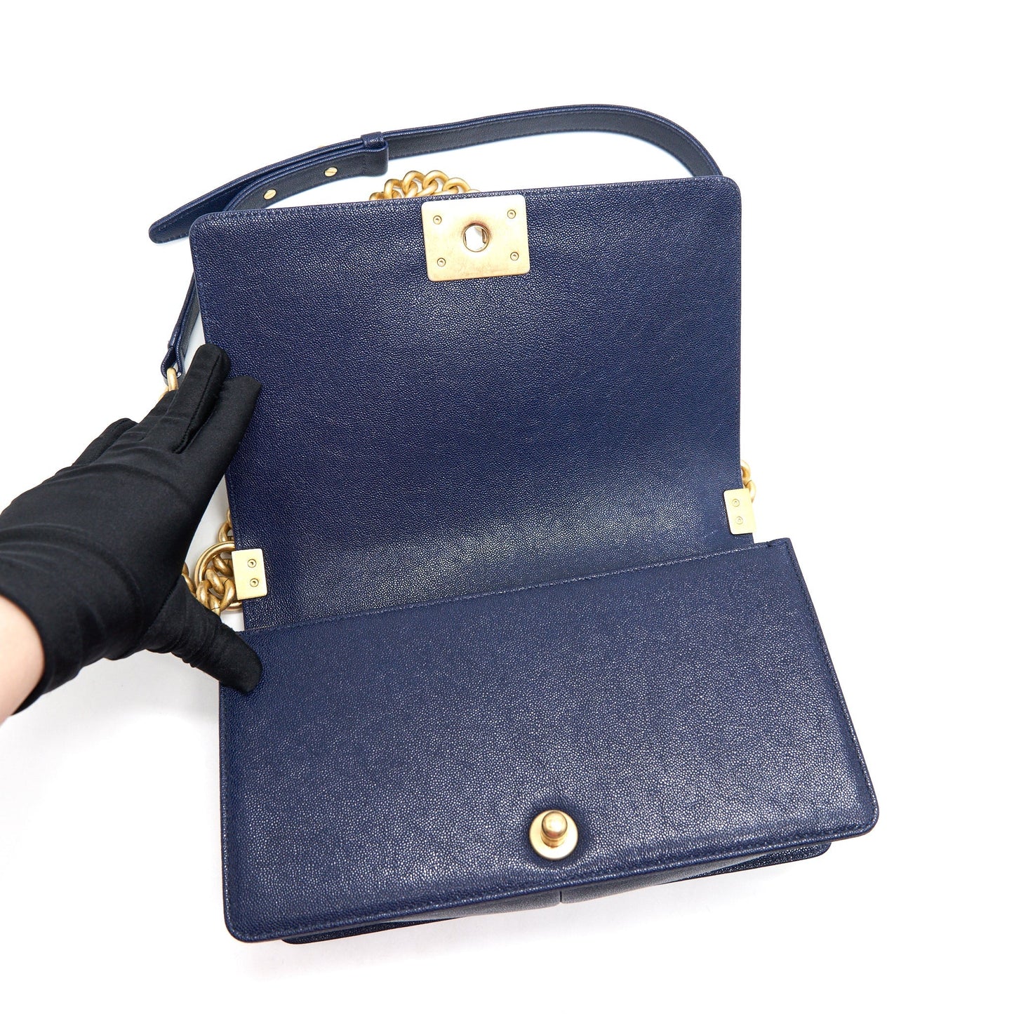 Chanel Boy Chanel Old Medium Caviar Navy with GHW