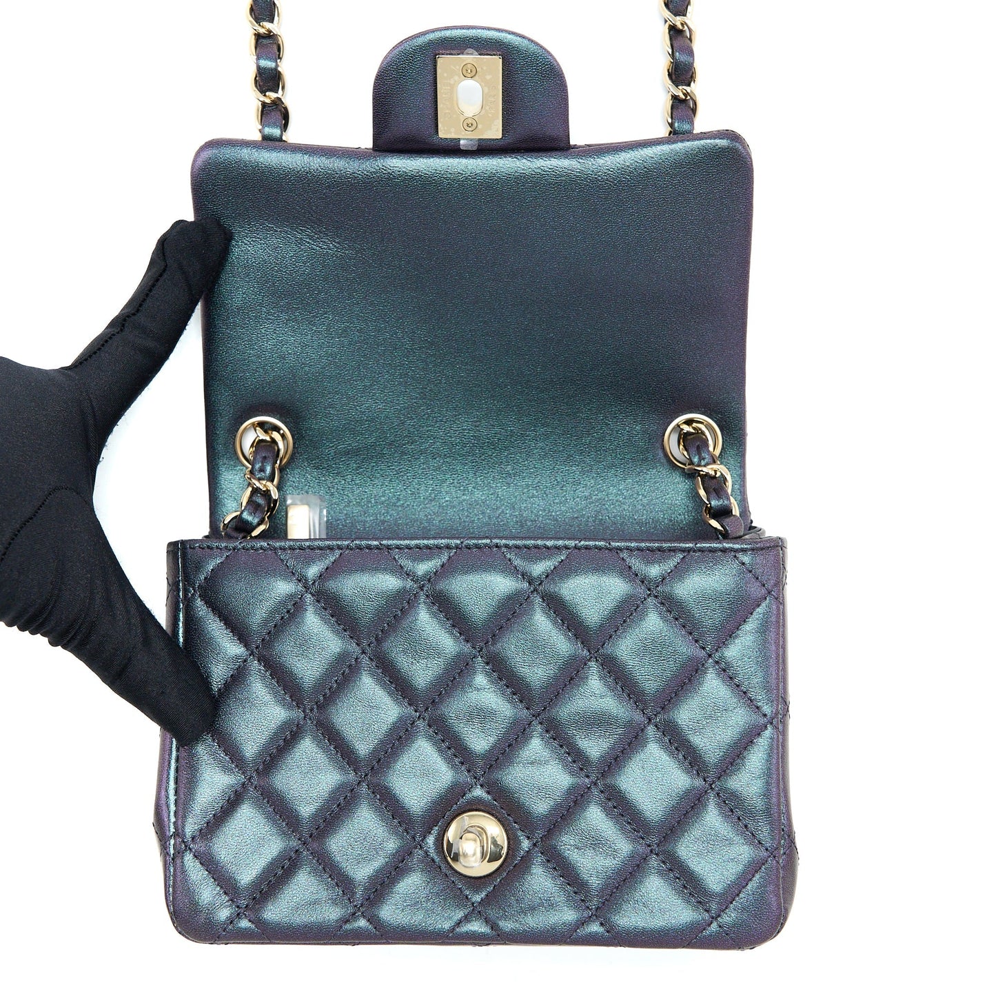 Chanel 22B Mini Square Pearly Lambskin Black LGHW (Microchip)