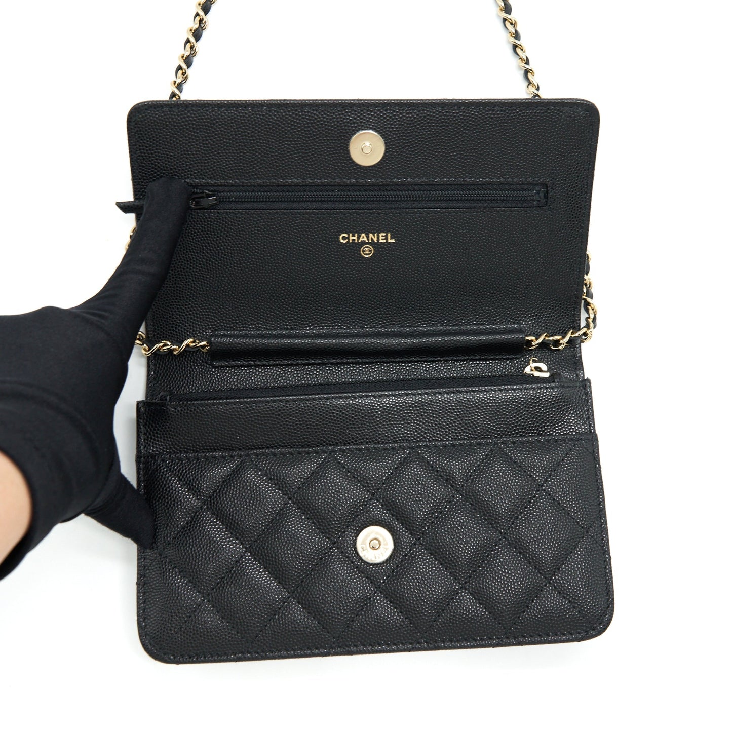 Chanel 22S Detailed Logo Wallet On Chain Caviar Black LGHW (Microchip)