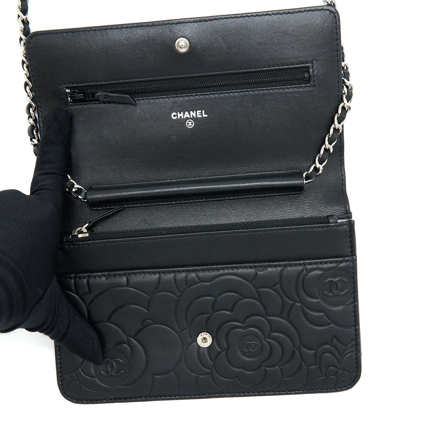 Chanel Camellia Wallet On Chain Lambskin Black SHW
