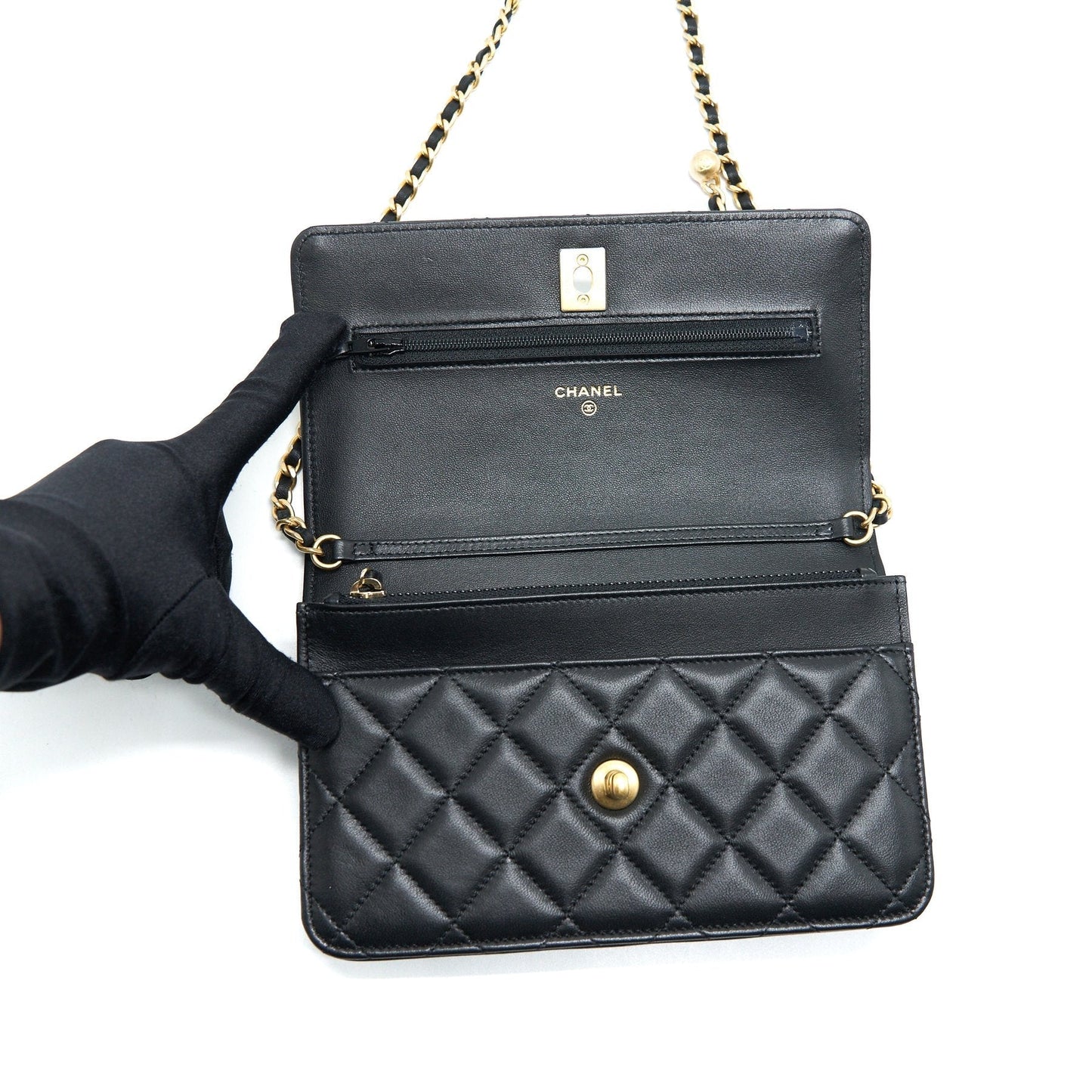 Chanel 22C Pearl Crush Wallet On Chain Black GHW (Microchip)