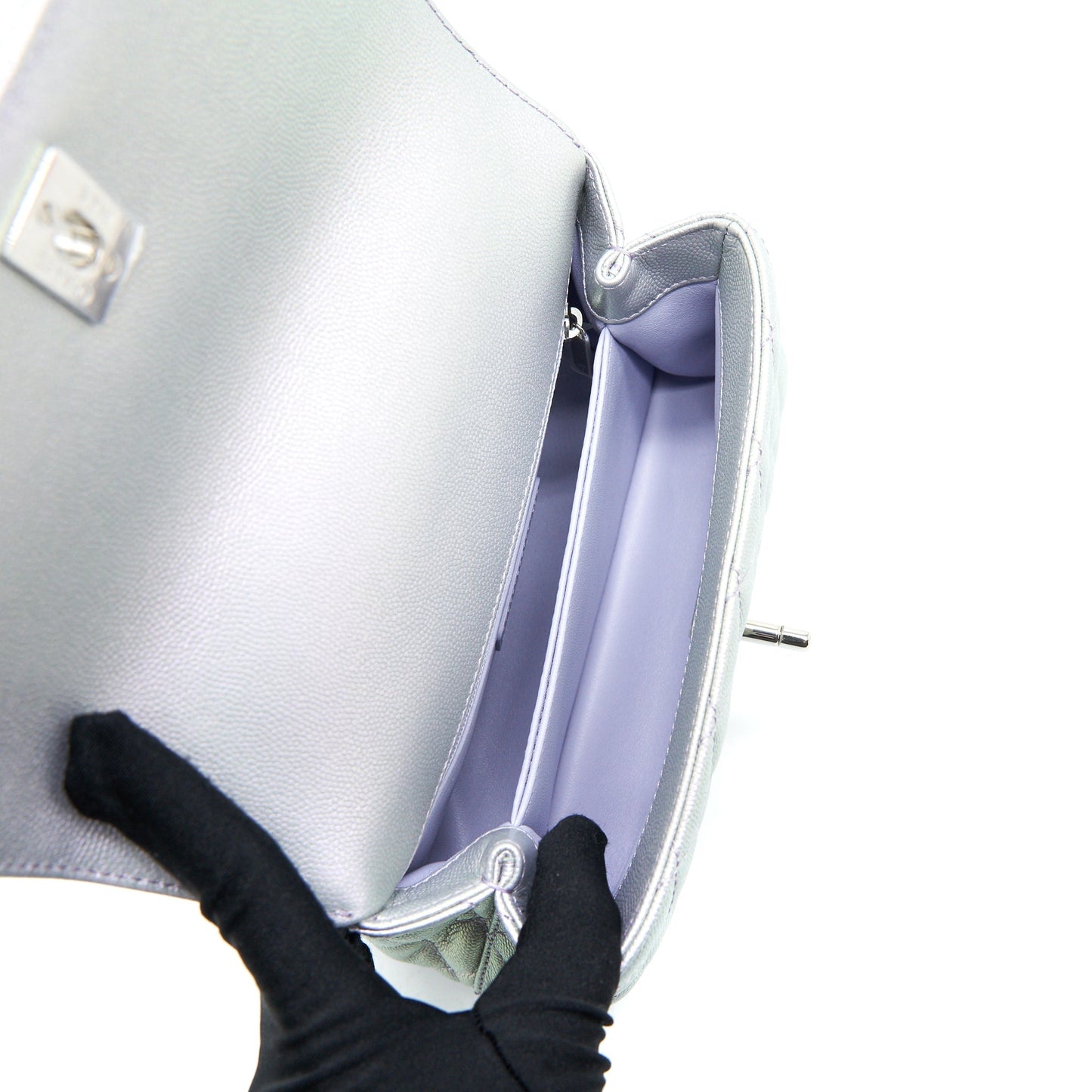 Chanel 21K Small Coco Handle 24cm Caviar Iridescent Lilac Rainbow Hardware (Microchip)