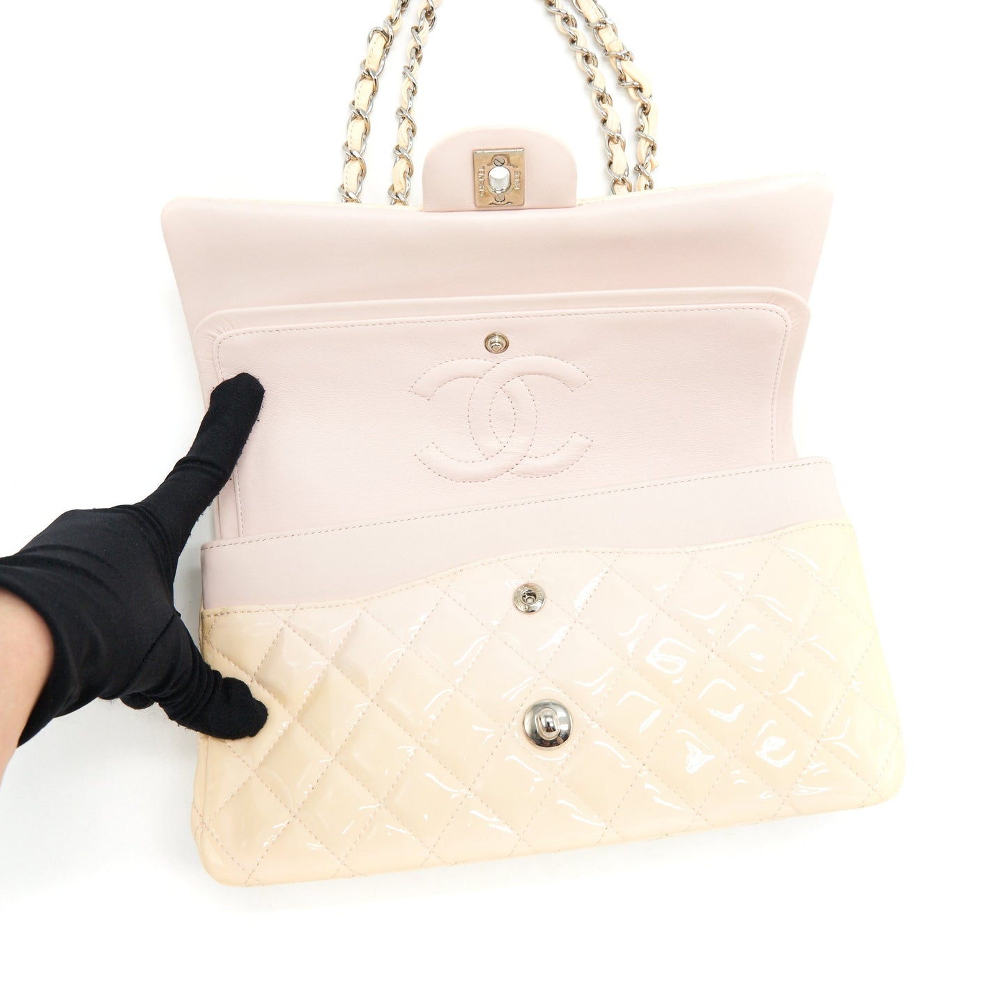 Chanel patent leather medium classic double flap bag Beige SHW