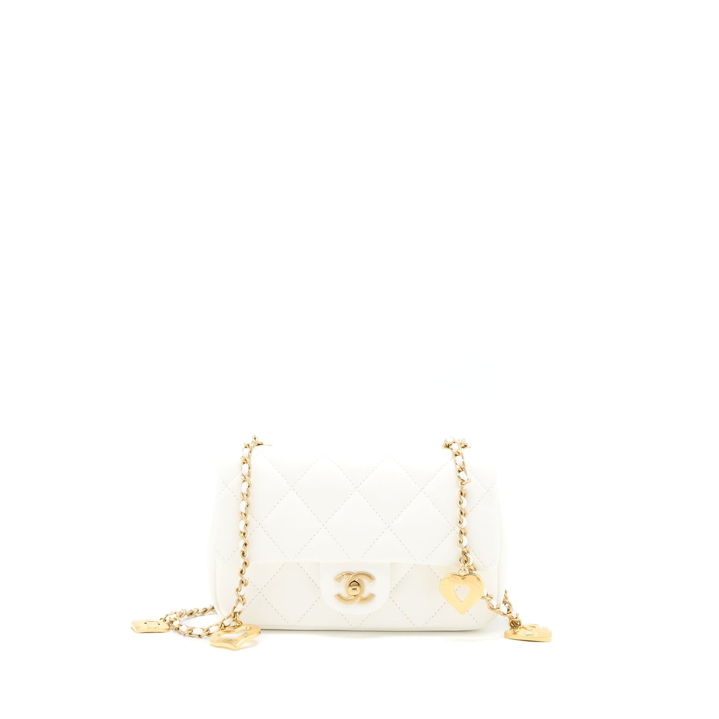 Chanel Quilted Flap Bag With Heart Charm Chain Lambskin White GHW(Microchip)