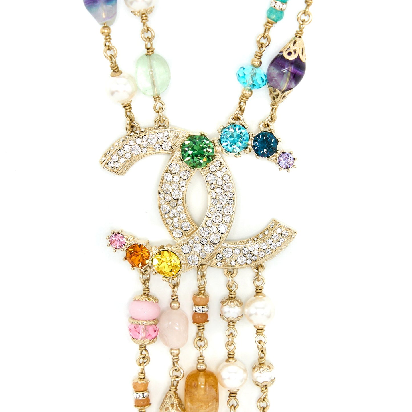 Chanel Pearl / Crystal With Large CC Logo Drop Necklace Light Gold Tone