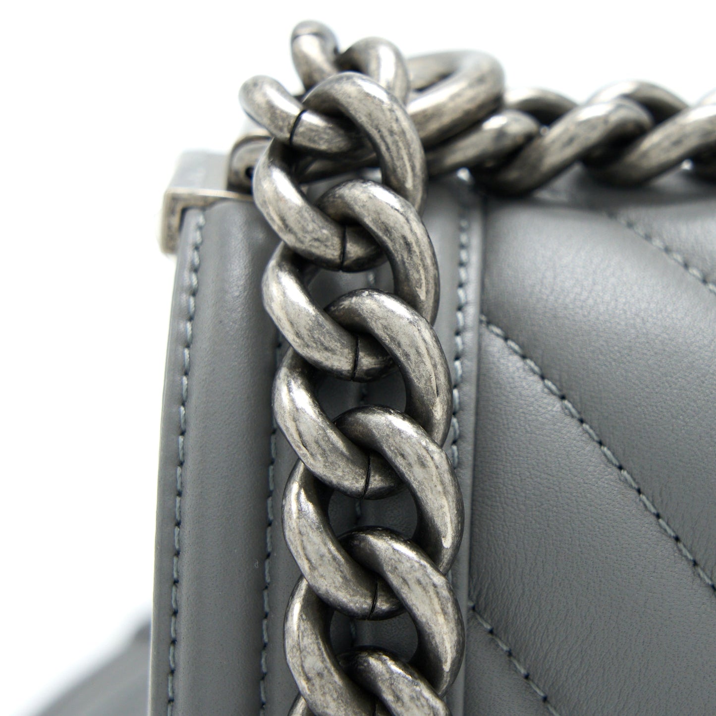 Chanel Small Boy Bag Chevron Lambskin Grey Ruthenium Hardware