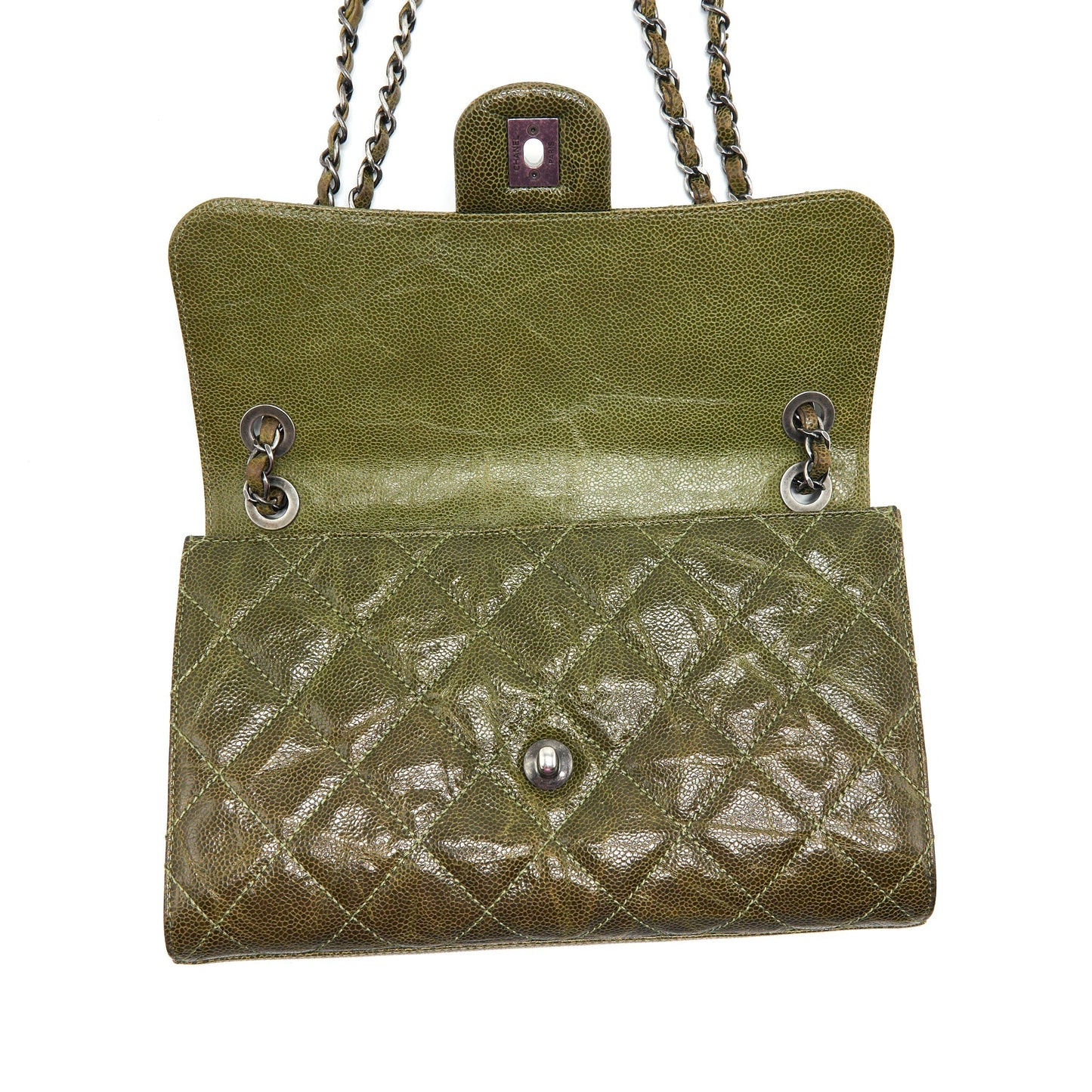 Chanel Quilted Grained Calfskin Flap Bag Olive green ruthenium hardware