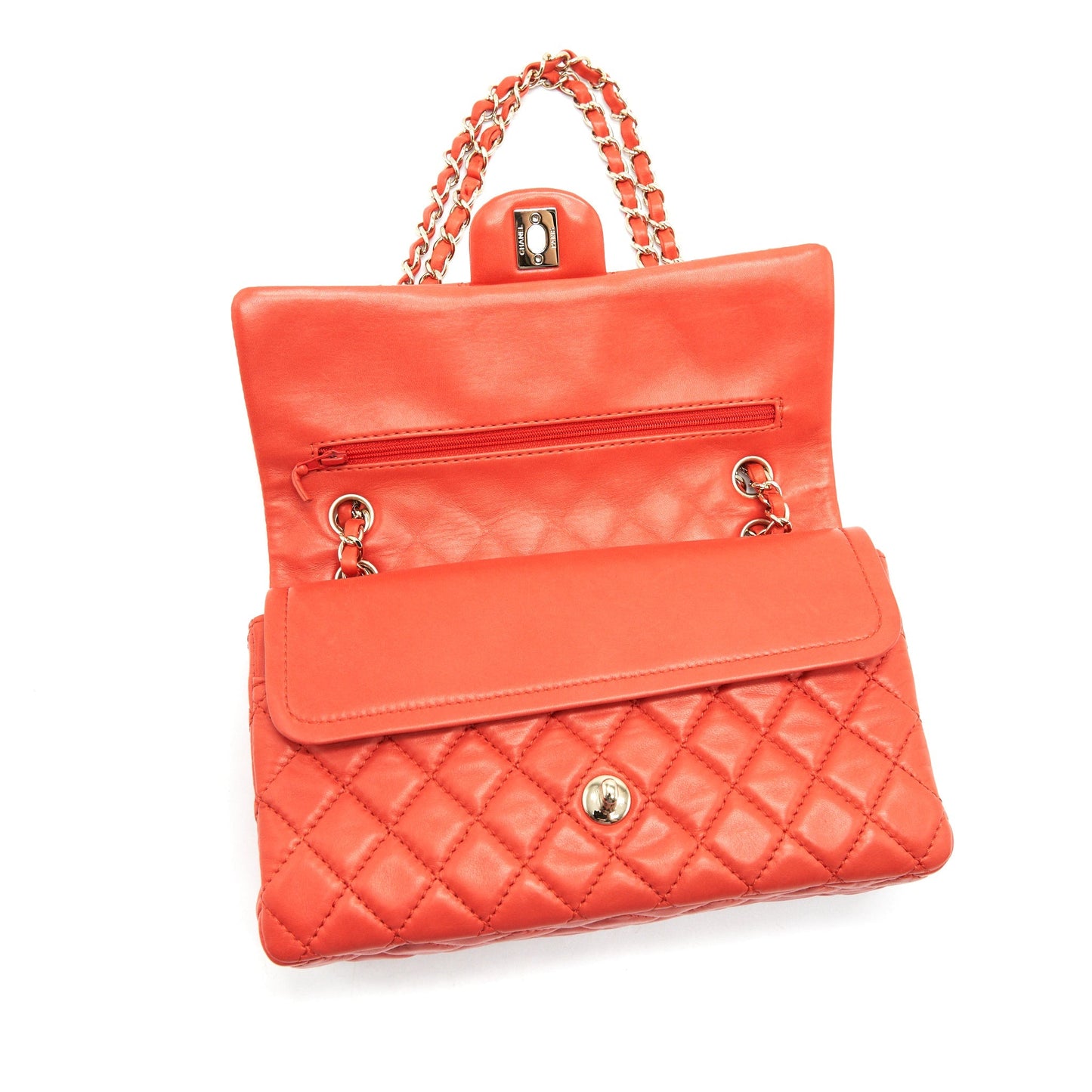 CHANEL CLASSIC MEDIUM DOUBLE FLAP LAMBSKIN IN CORAL LGHW