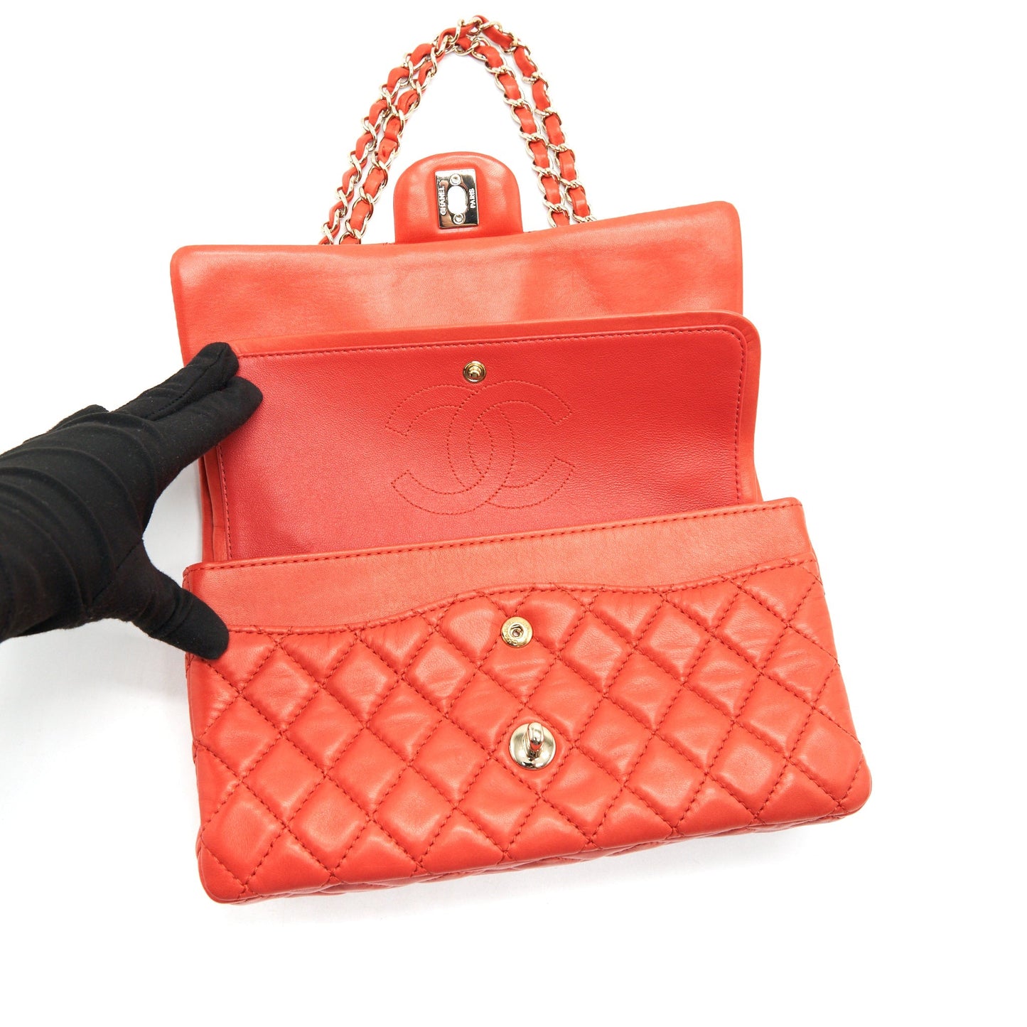 CHANEL CLASSIC MEDIUM DOUBLE FLAP LAMBSKIN IN CORAL LGHW