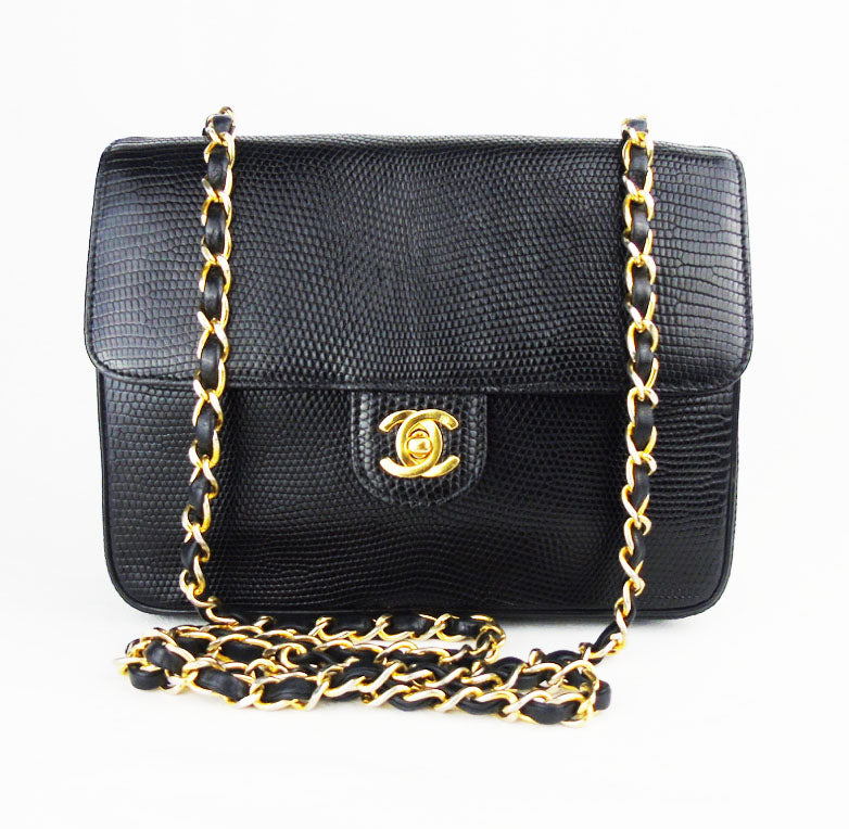CHANEL black lizard exotic leather flap bag - vintage