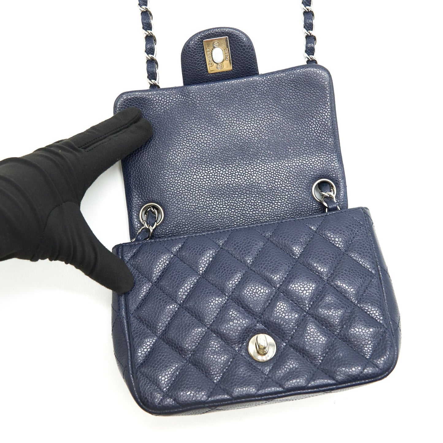 Chanel Mini Square Caviar Navy SHW serial 18