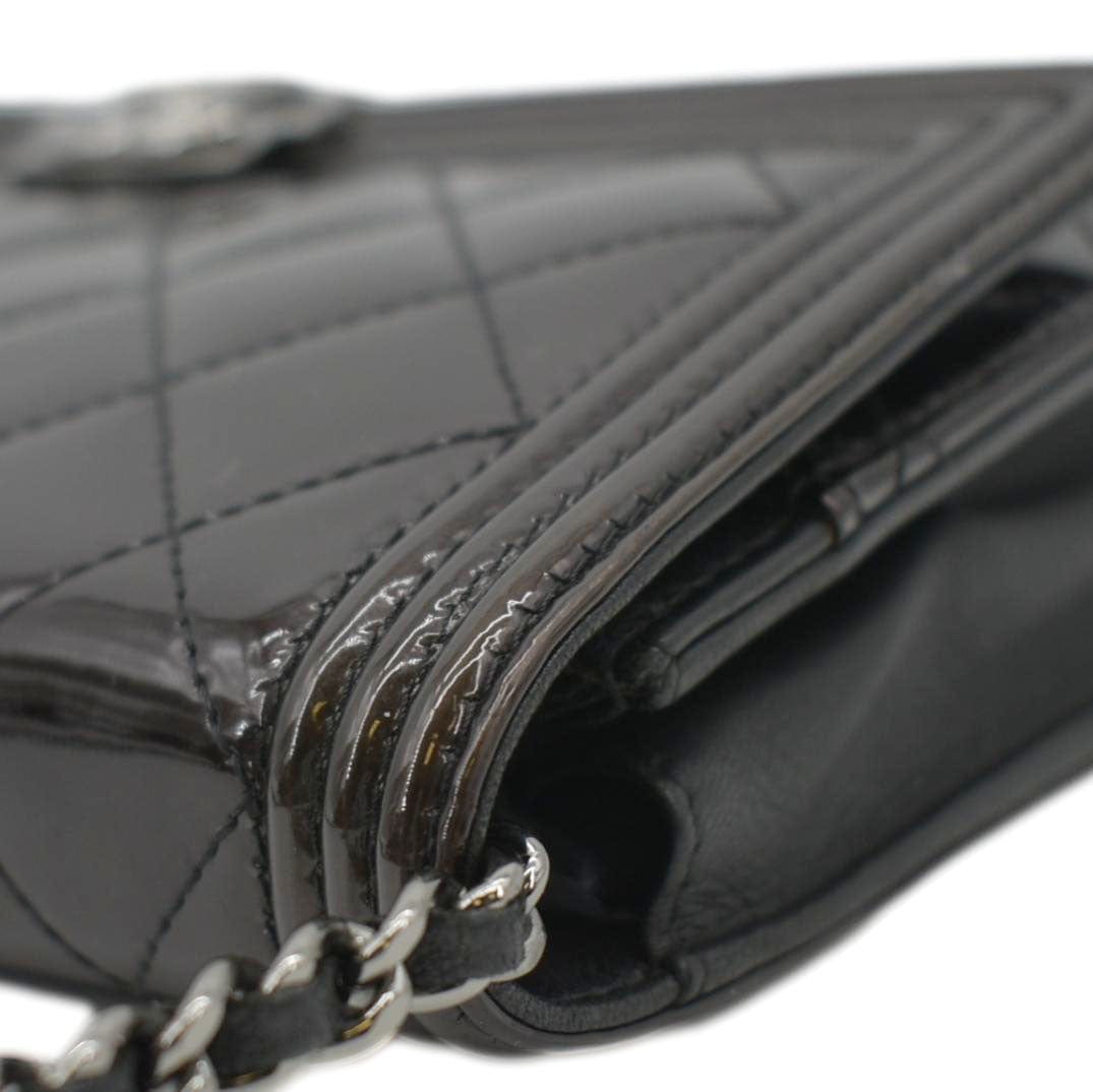 CHANEL Boy WOC Quilted Patent Leather Wallet On Chain Shoulder Bag Black