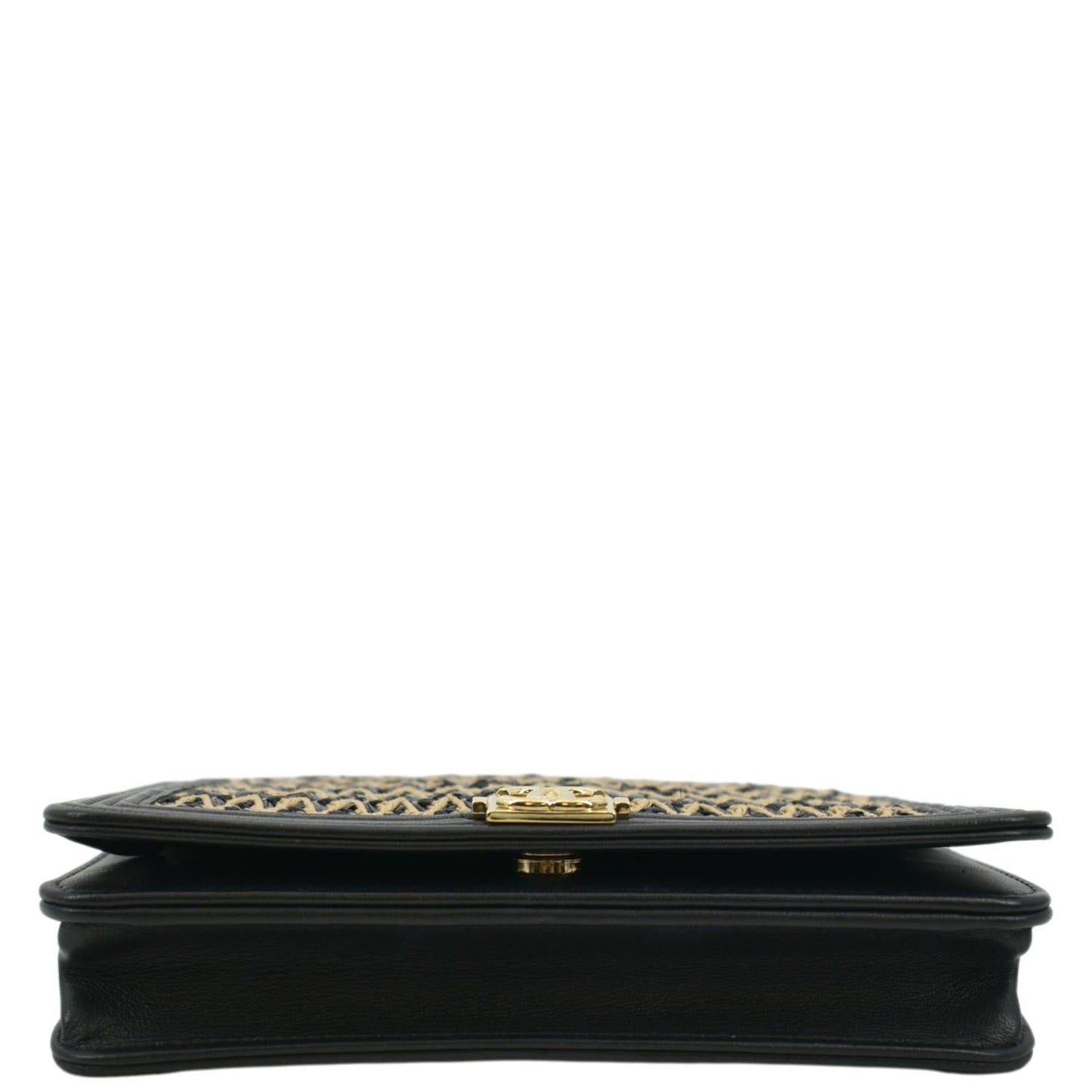 CHANEL Boy Flap Woven Raffia Leather Shoulder Bag Black
