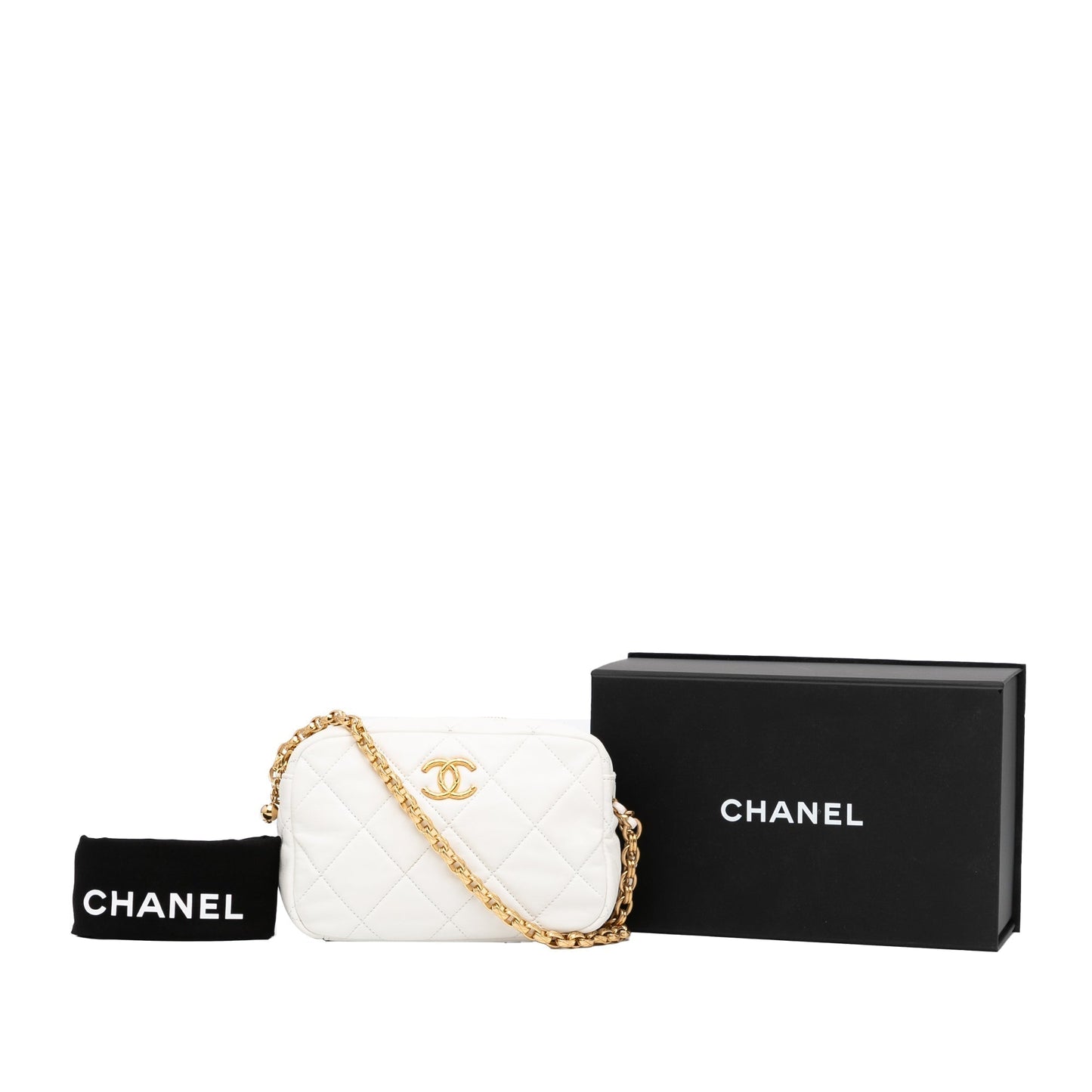 Chanel Camera Bag Small White Quilted Lambskin Gold