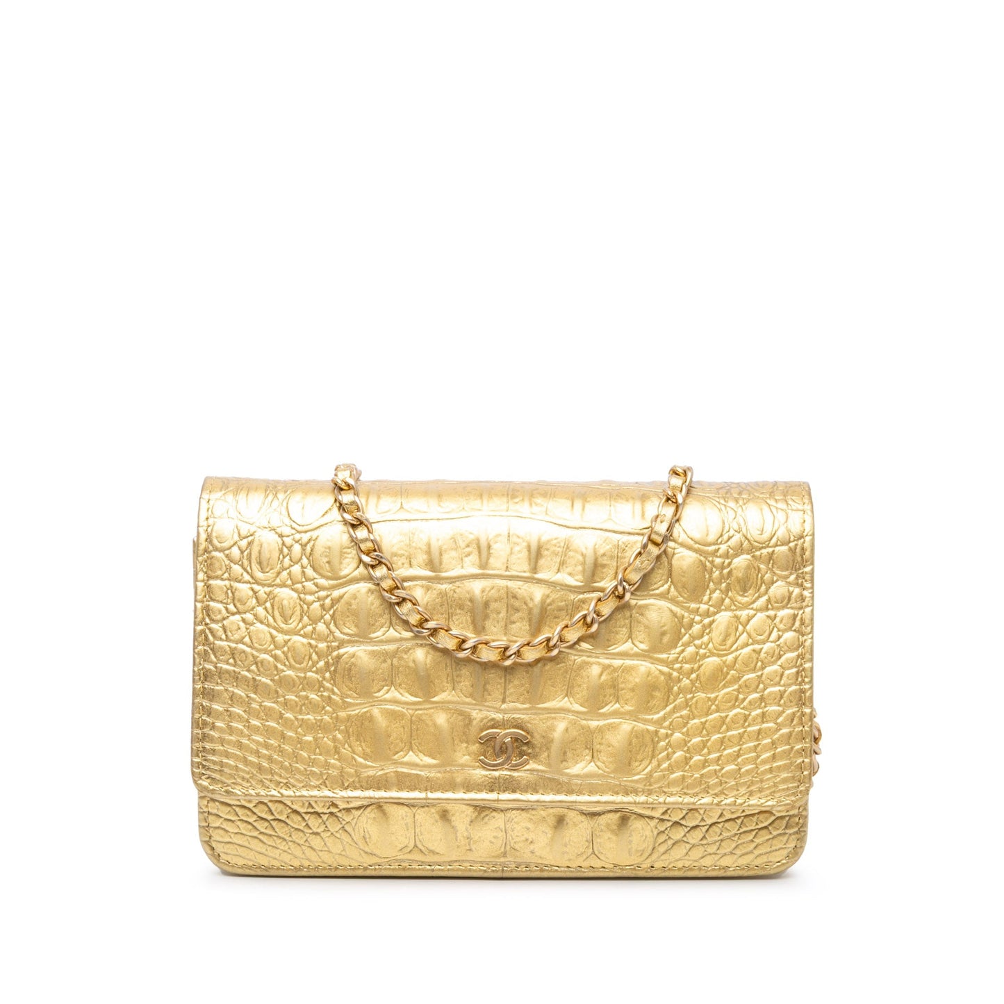 Gold Chanel CC Metallic Calfskin Crocodile Embossed Wallet On Chain Crossbody Bag
