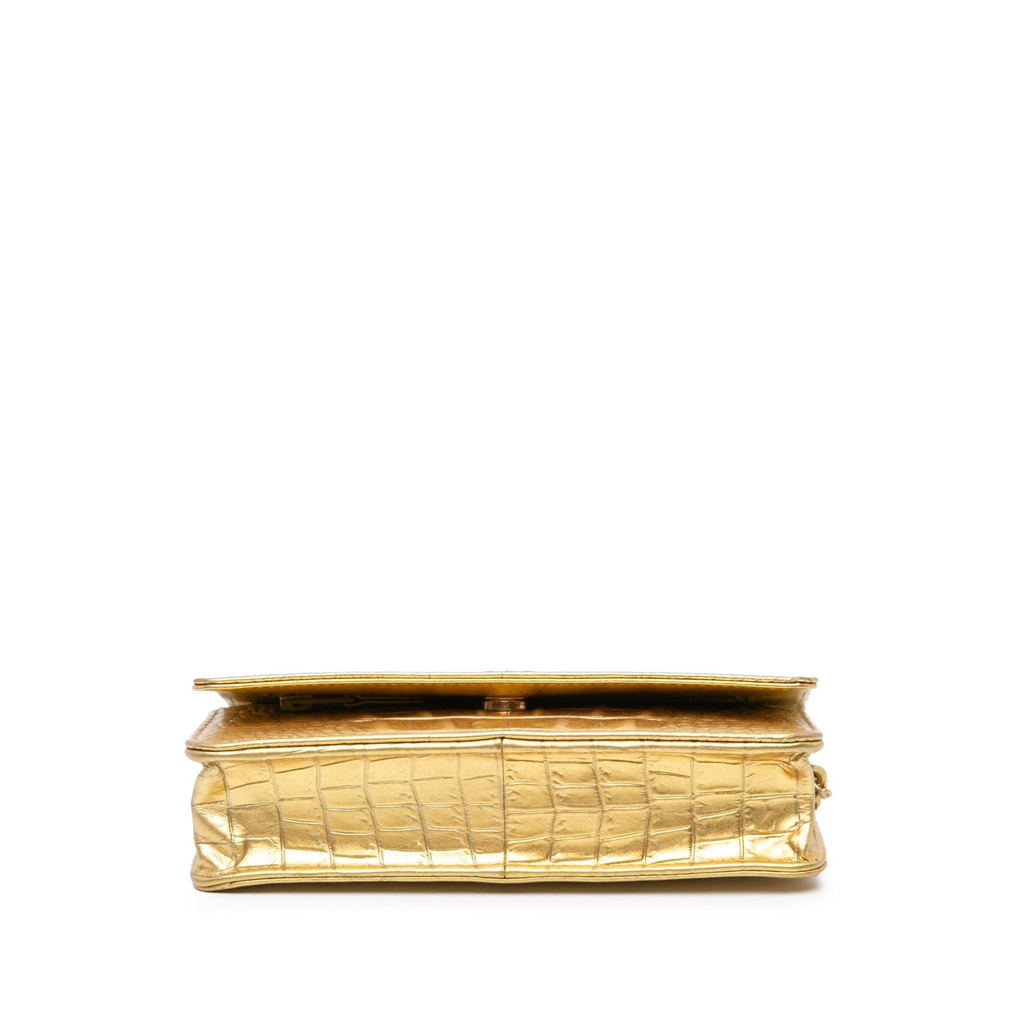 Gold Chanel CC Metallic Calfskin Crocodile Embossed Wallet On Chain Crossbody Bag