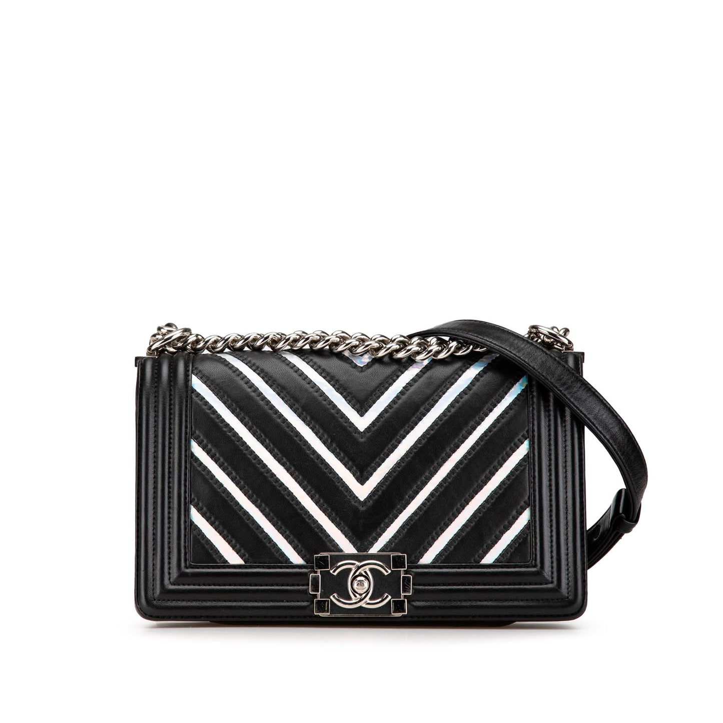 Black Chanel Medium Lambskin and Iridescent PVC Chevron Boy Flap Crossbody Bag