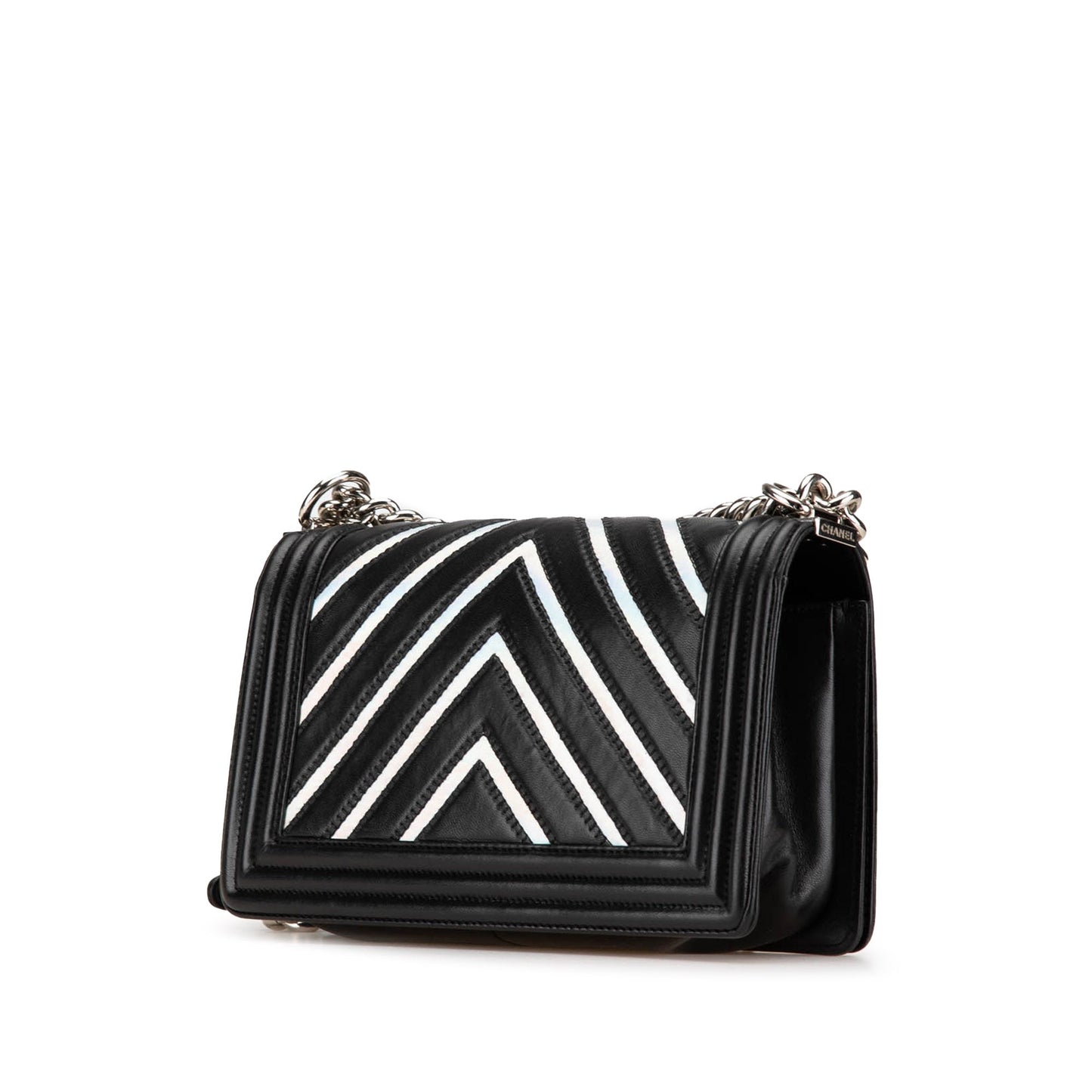 Black Chanel Medium Lambskin and Iridescent PVC Chevron Boy Flap Crossbody Bag